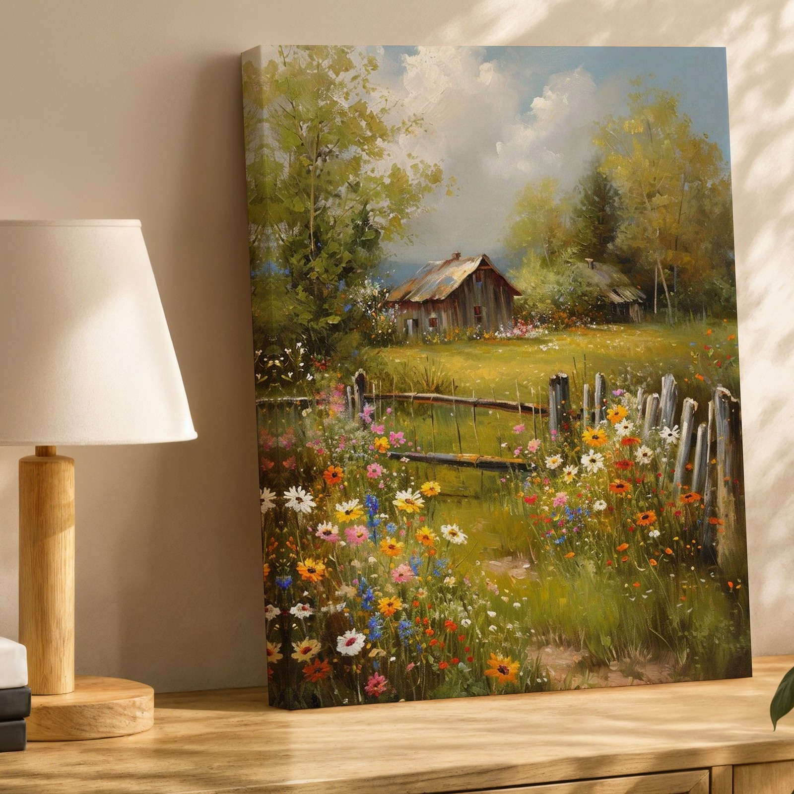 Rustic Country Landscape Canvas Wall Art Floral Meadow Barn Scene Decor Print