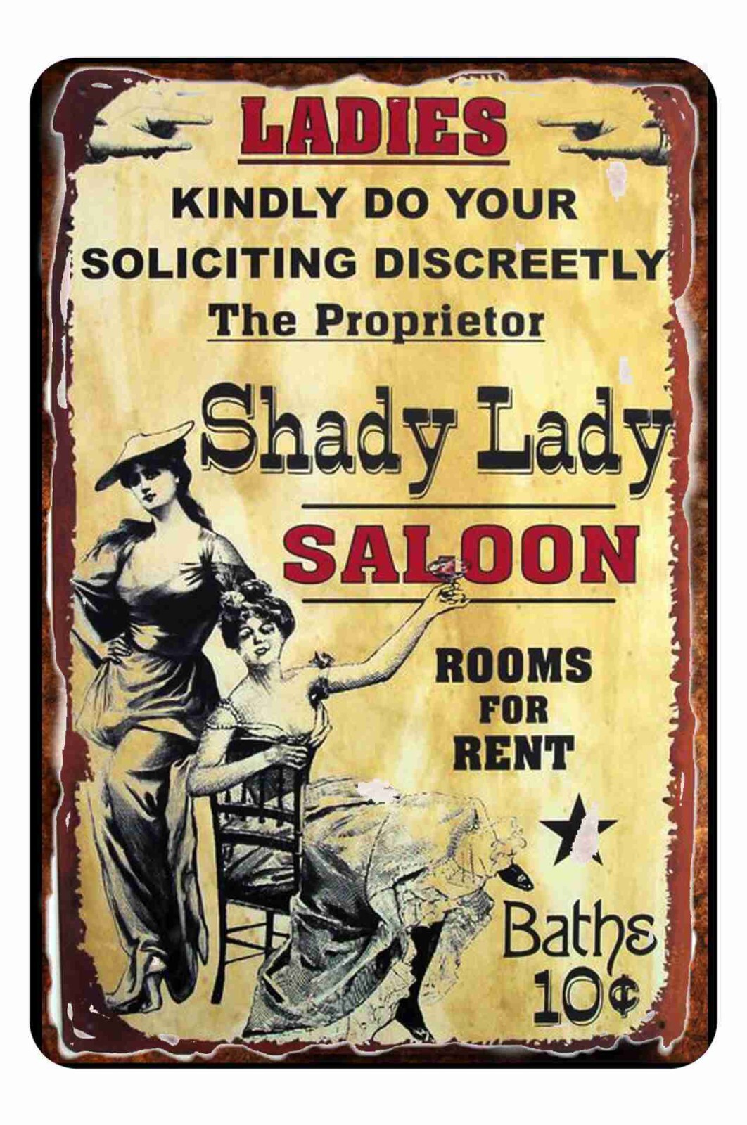 Old West Shady Lady Saloon Rooms For Rent All Metal Tin Sign 8 x 12