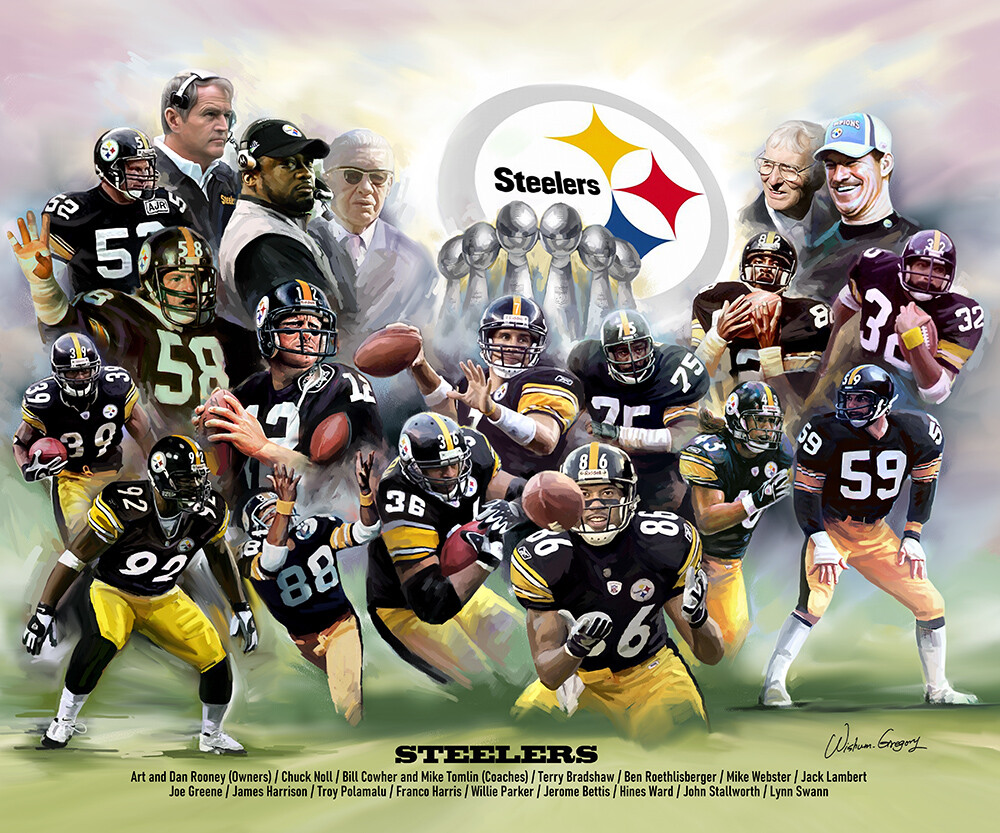 Pittsburgh Steeler Legends, Wishum Gregory Art, Wall Decor Print Poster 20&Prime; x16&Prime;