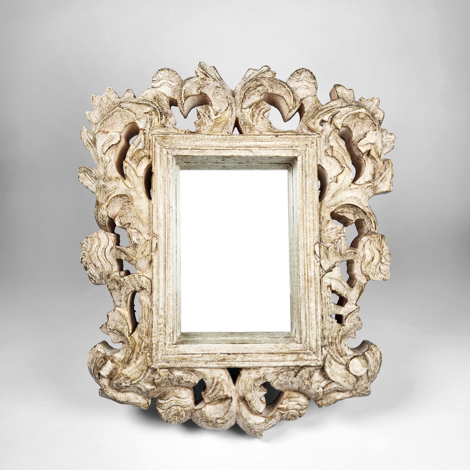 18th C Style Hand Carved Baroque Rococo Wooden Wall Mirror Antiqued White Gilt