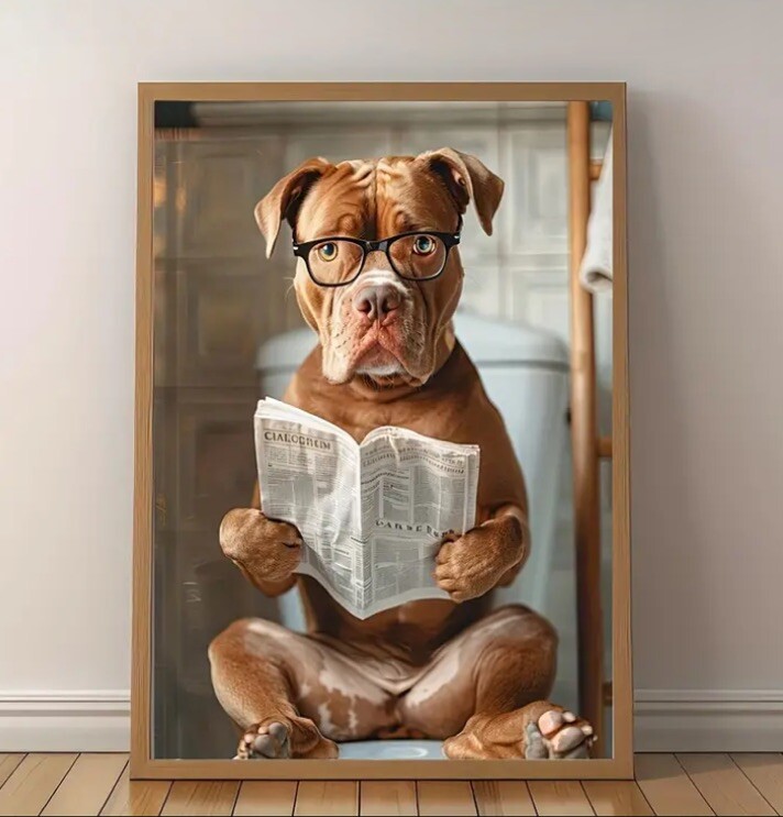 12&Prime;x16&Prime; Pitbull Glasses Newspaper Toilet Funny Canvas Bathroom Poster *No Frame