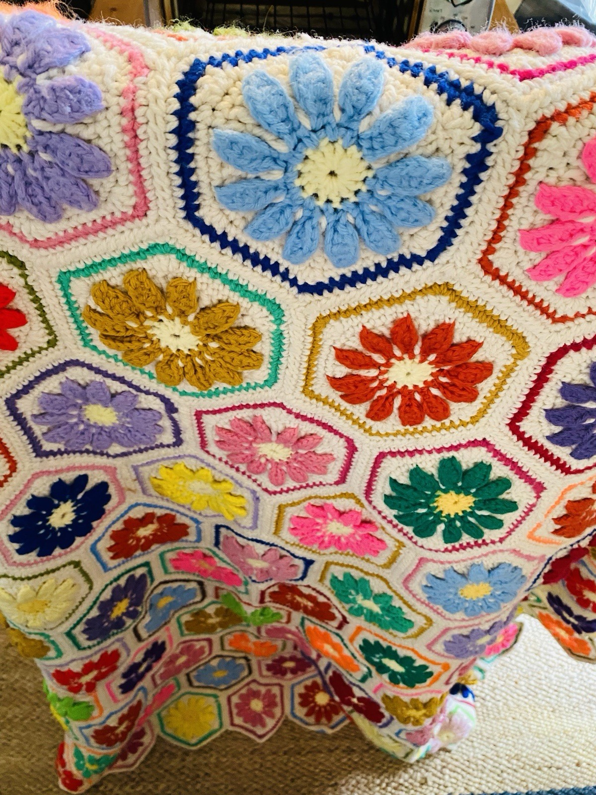 Crochet Throw Granny Square Hexagon Blanket Afghan Grandma Cottage Flowers