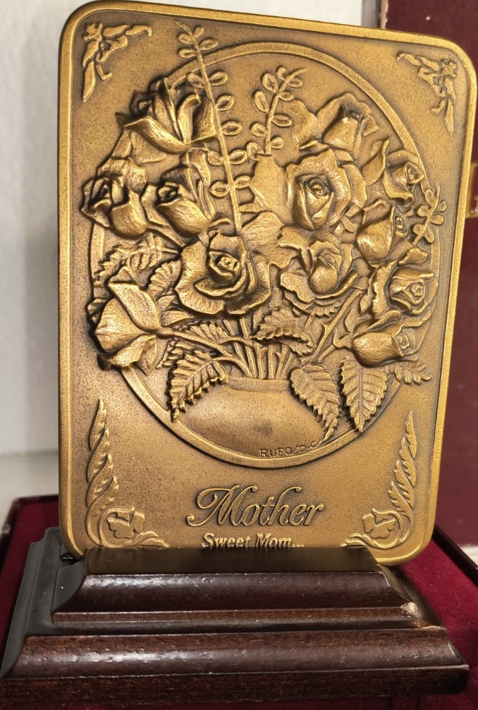 Madison Collection Impressions Mother Roses Floral Bronze Plaque Wood Stand