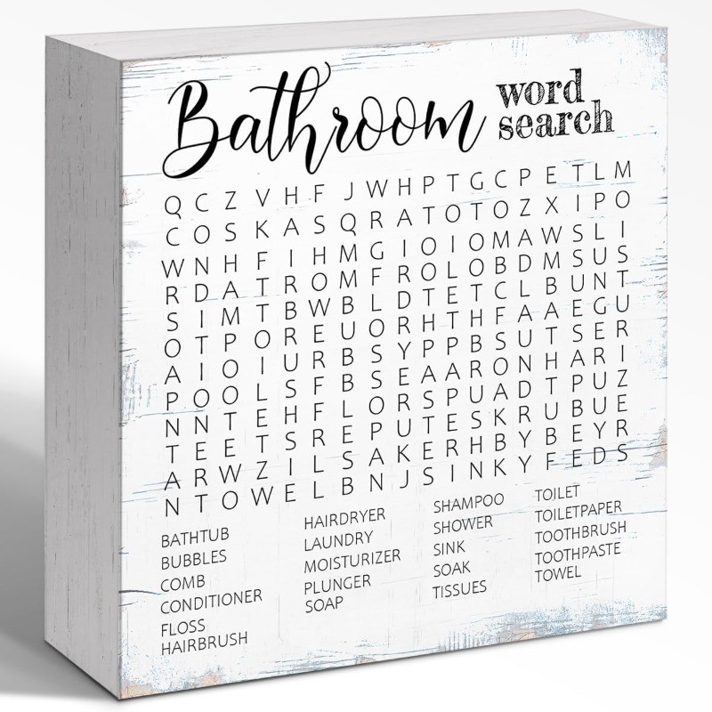 « Bathroom Word Search » Funny Wooden Box Sign, Humorous Restroom Decor Plaque