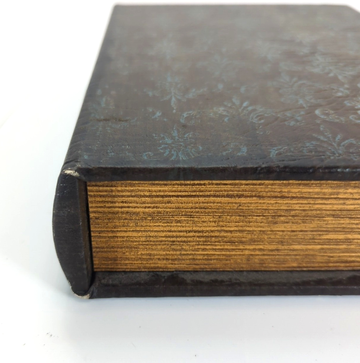 Faux Book Storage Box Secret Brown Leather Look Blue Filigree Magnet Close Lined