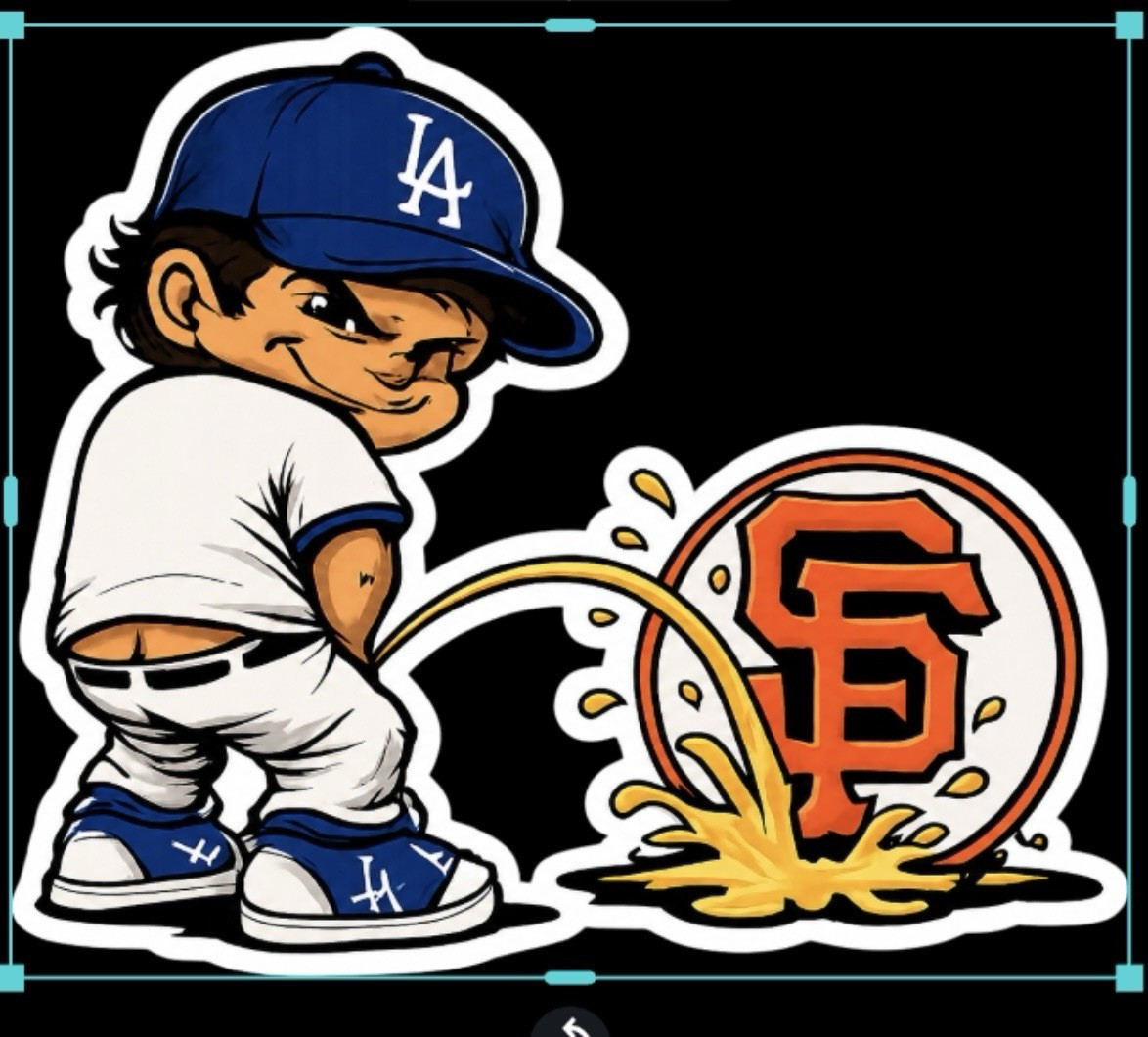 Cartoons LA Baseball Player Peeing on SF Logo Self-Adhesive Vinyl sticker.