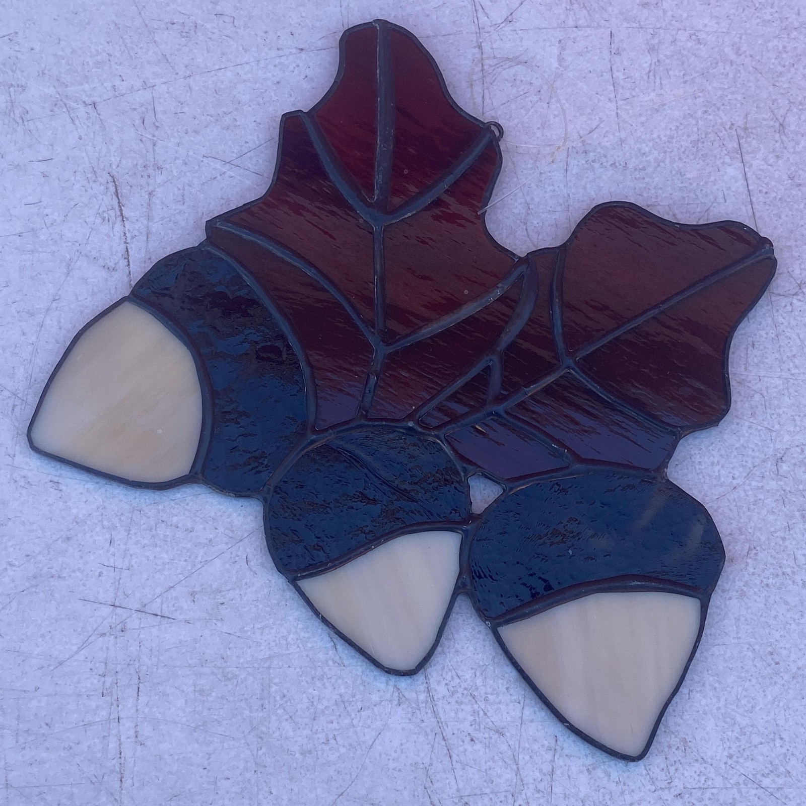 Stained Glass Acorn Leaf Suncatcher Window Hanging Small Brown Rustic Decor