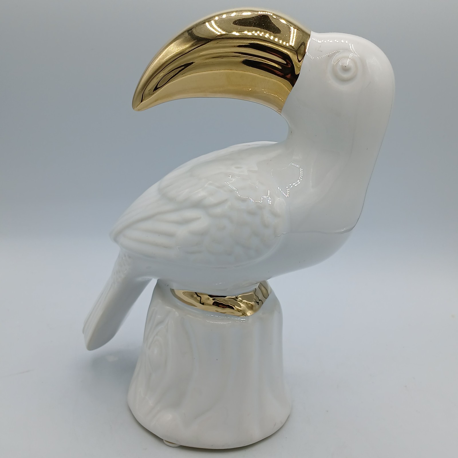 White Ceramic Toucan Figurine Gold Beak Tropical Bird Statue Modern