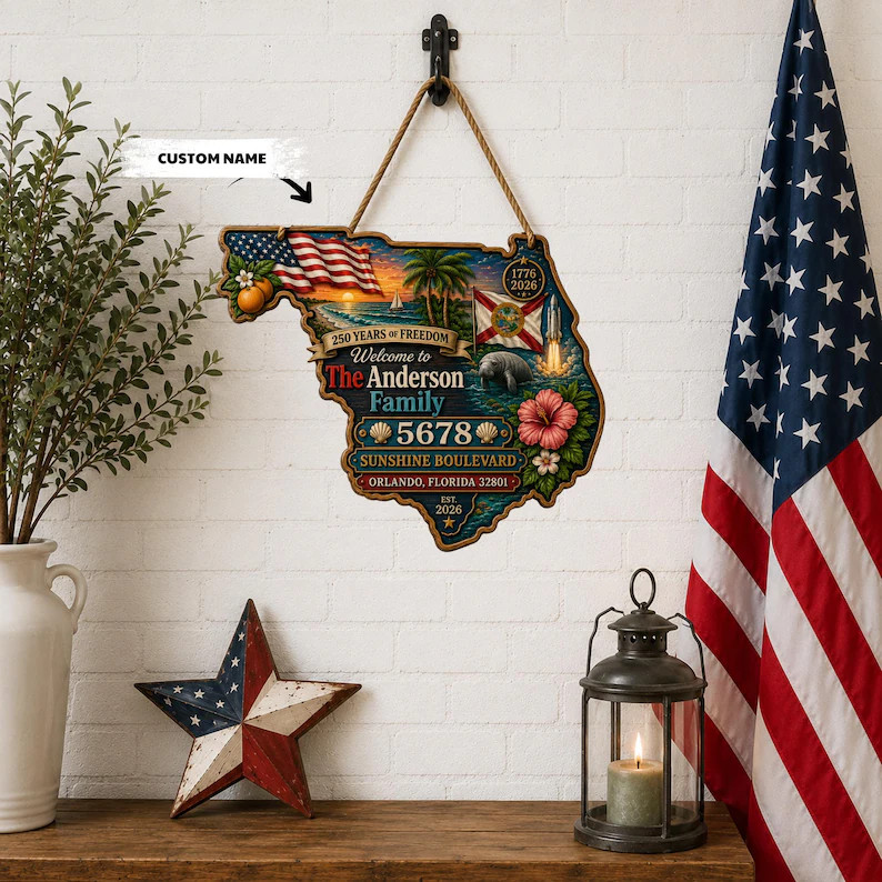 Personalized Florida Patriotic American Wooden Sign with Rope