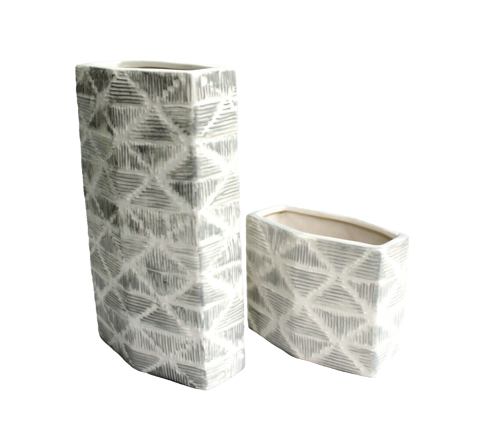 Nate Berkus Etched Ceramic Decorative Vase Set of 2 White & Gray NEW