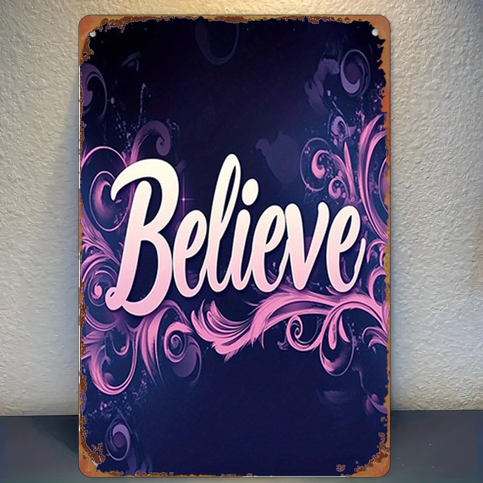 Purple Pattern Metal Sign, Believe, 20.32*30.48 cm