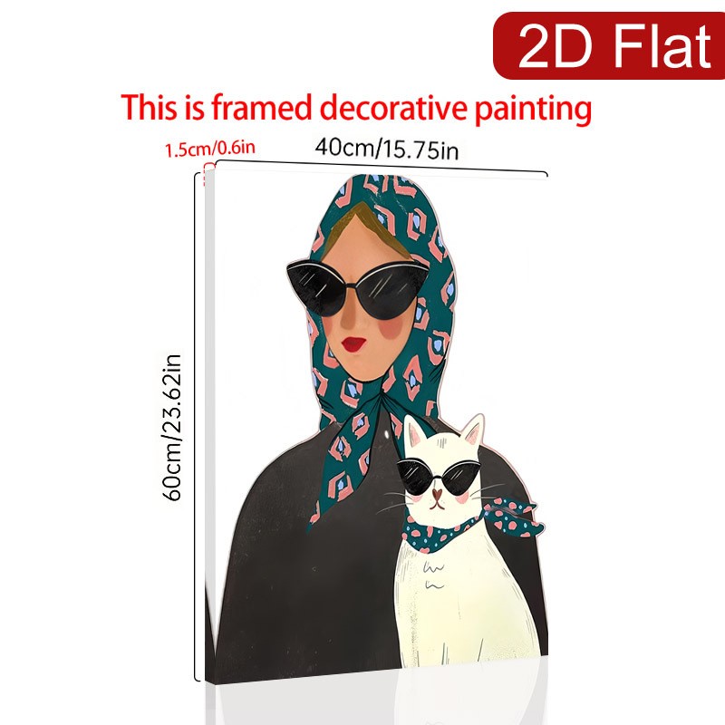 Stylish Woman with Cat Matching Sunglasses Canvas Wall Art, Fashion Pet Decor