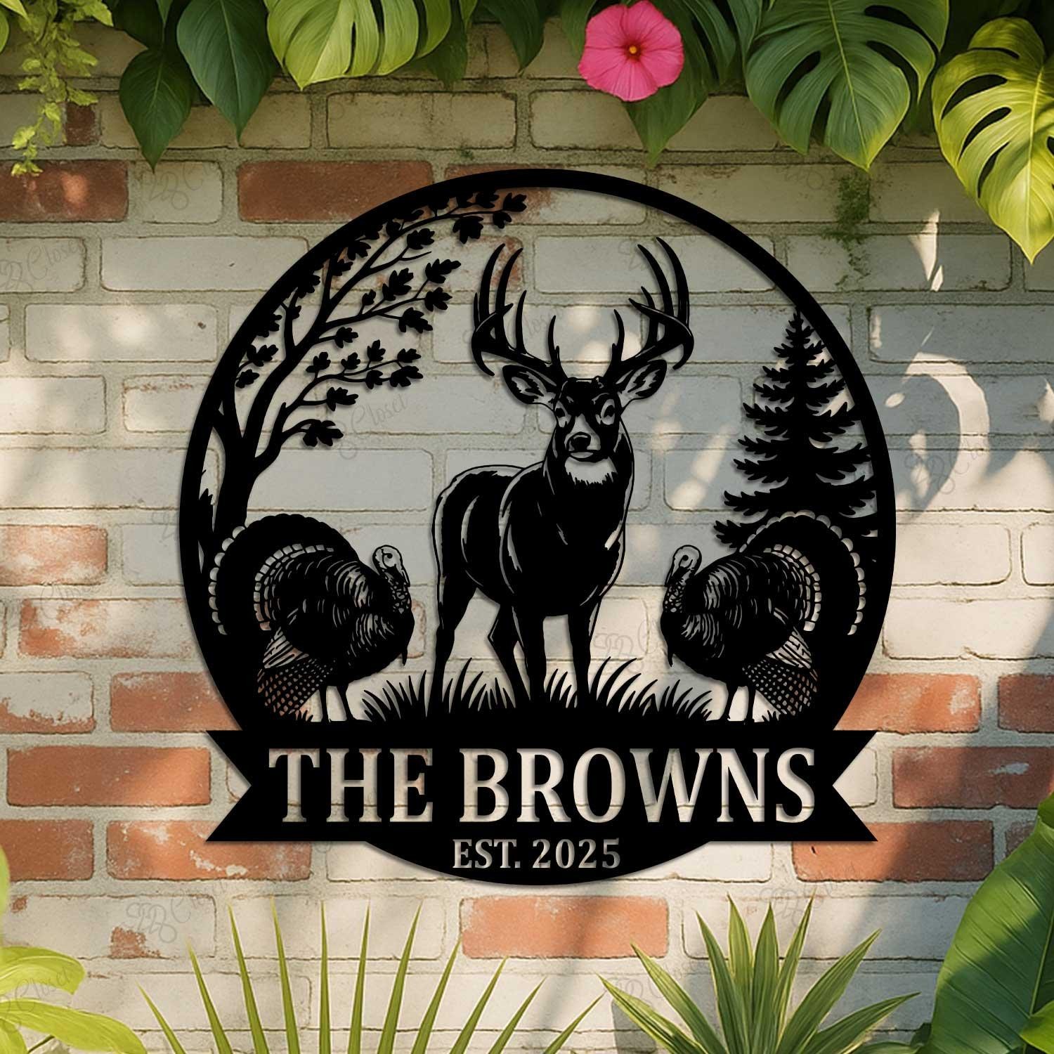 Custom Deer Forest Metal Sign, Personalized Name Hunting Cabin Lodge Decor Gift