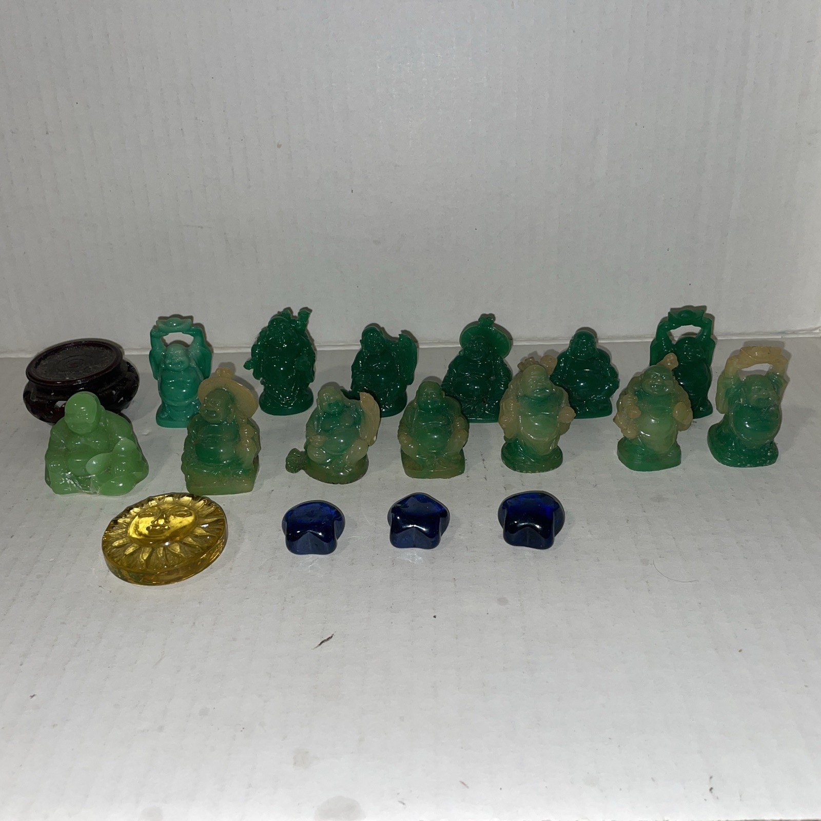 Lot of 13 Buddha Statues Green Jade Colored Resin Laughing Mini Stone Happy