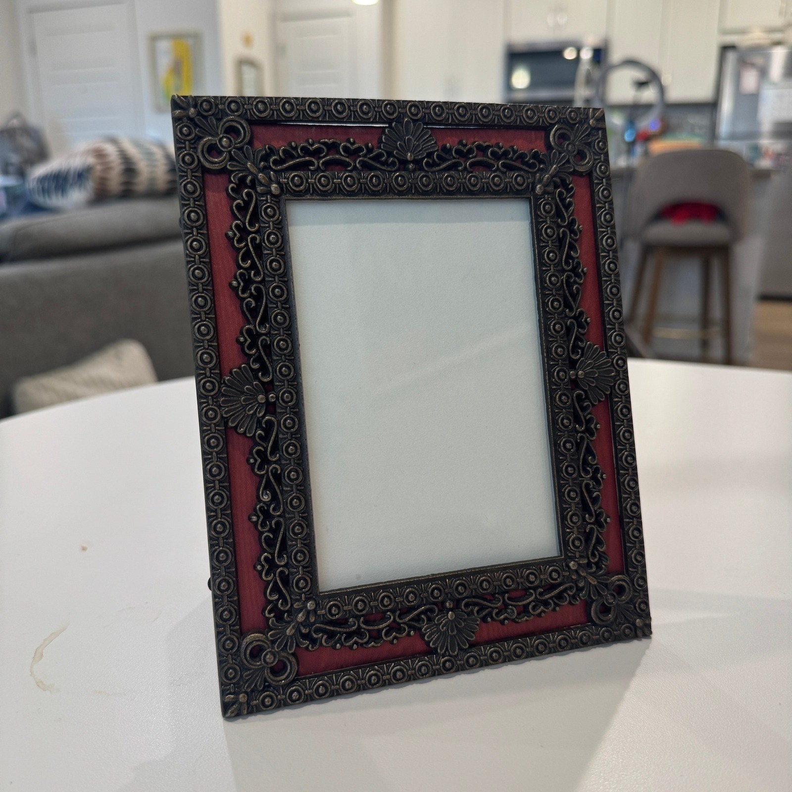 Vintage Ornate Bronze Metal Filigree Picture Frame Red Inlay Korea Western Style