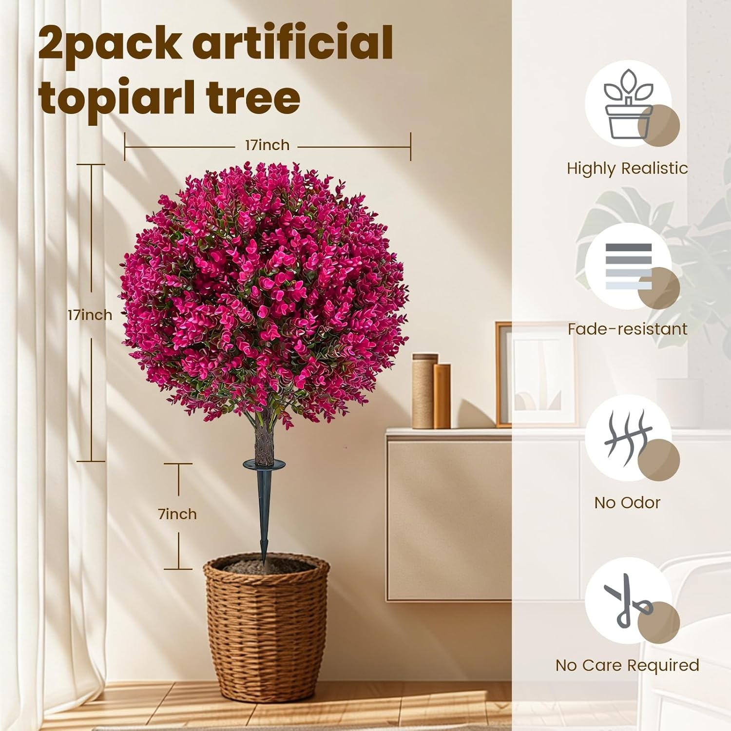 Set of 2 Artificial Red Eucalyptus Topiary Trees with Ground Stake, UV Resistant