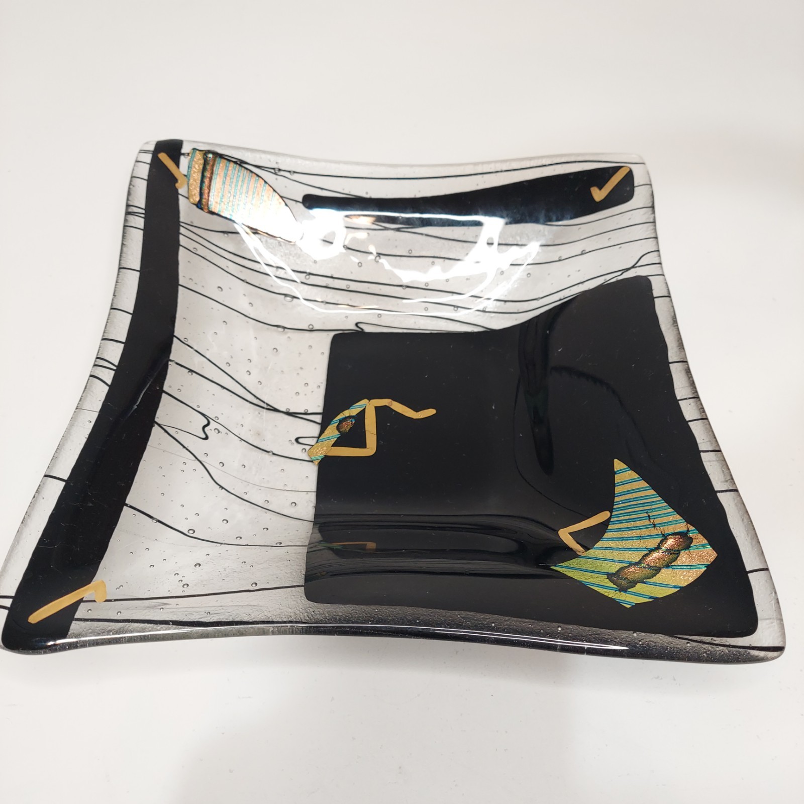 Signed Art Glass Modern Iridescent Fused Deep Dish Glass Square Plate/Plate Mcm