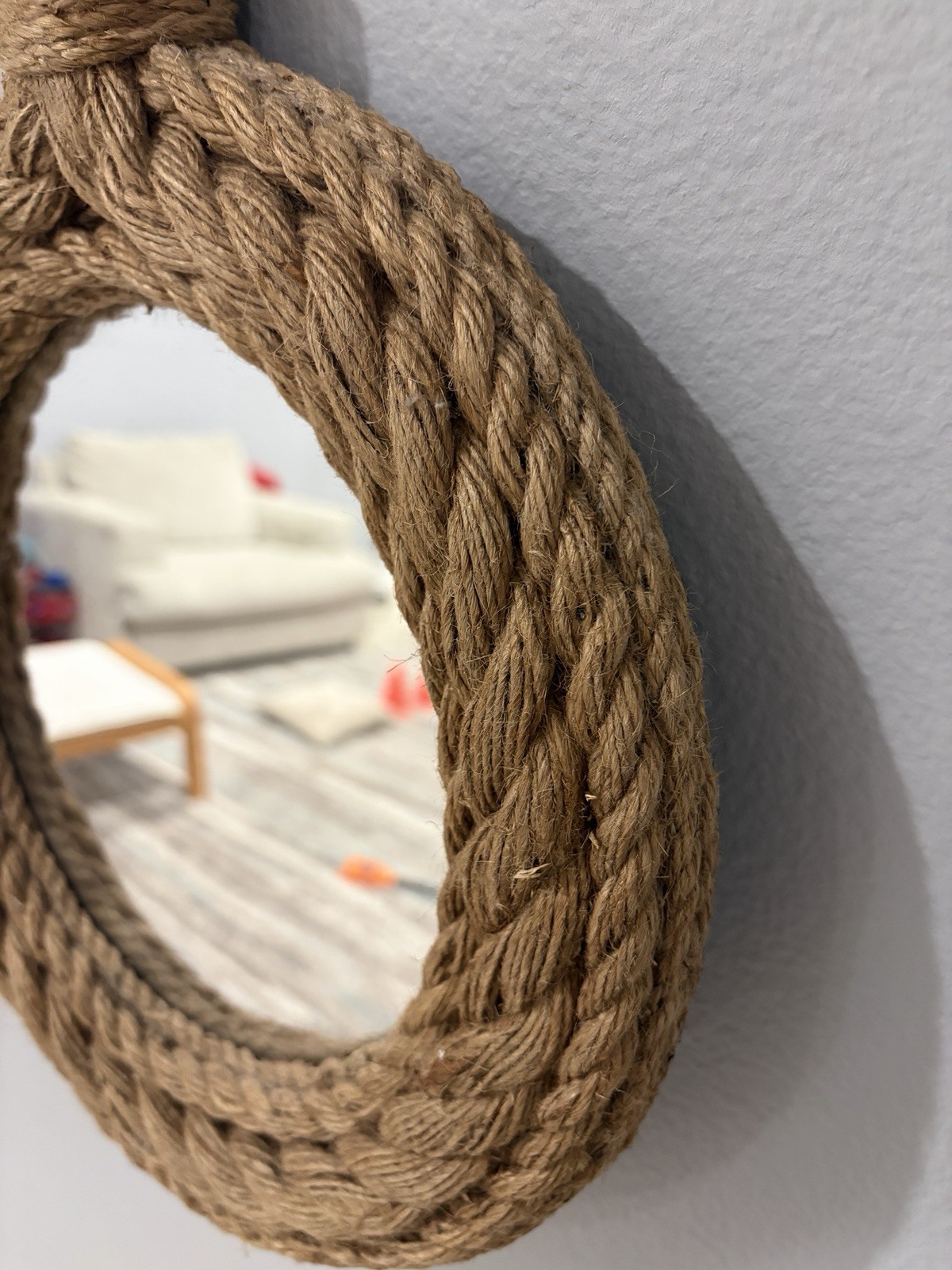 Round Rope Framed Nautical Accent Mirror, Wall Mounted, 11 in Brown Decor