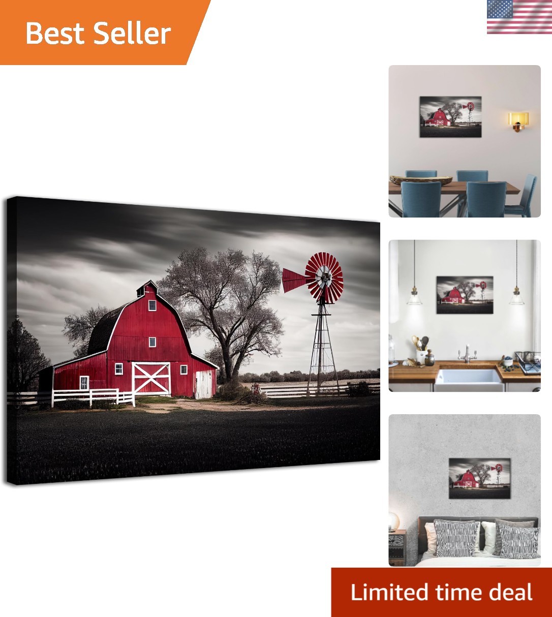 12×16 Red Barn & Windmill Artwork – Rustic Farmhouse Canvas for Any Room