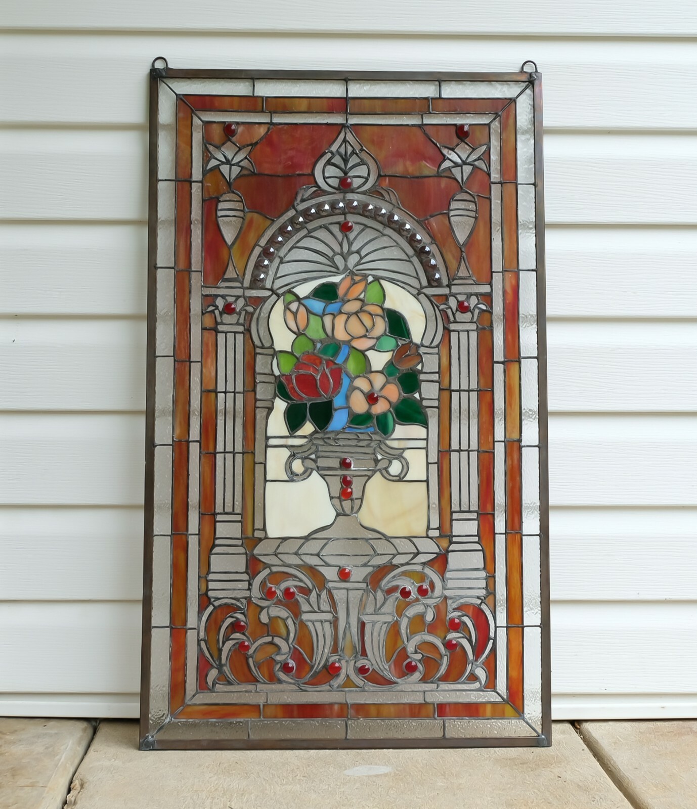 20.5&Prime; x 34.75&Prime; Flower in vase Tiffany Style stained glass Jeweled window panel