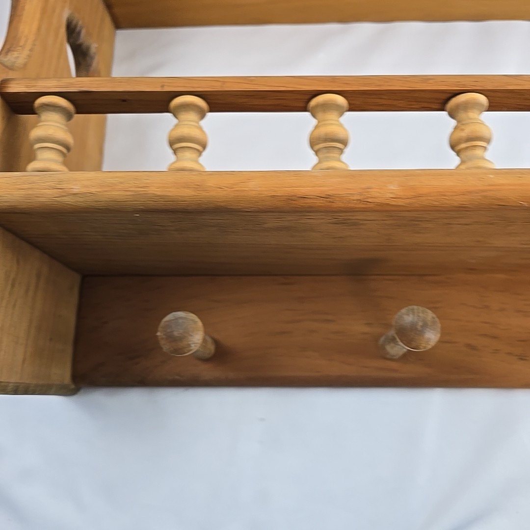 Vtg Handmade Wood Heart Cutout Trinket Shelf Wall Hanging Pegs 26&Prime; Cottagecore