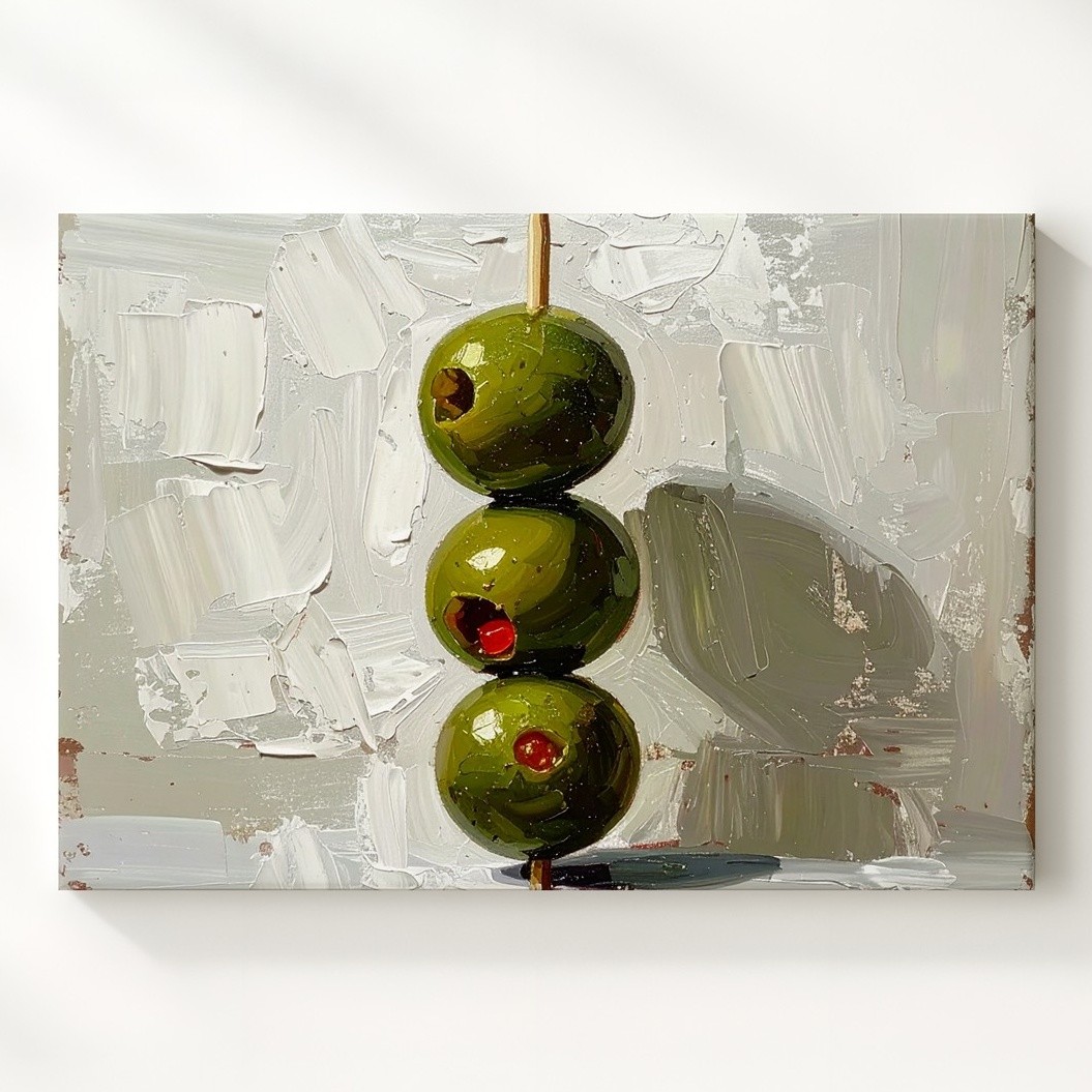 Minimalist Olive Skewer Canvasmodern Culinary Still Life On Textured White Wall
