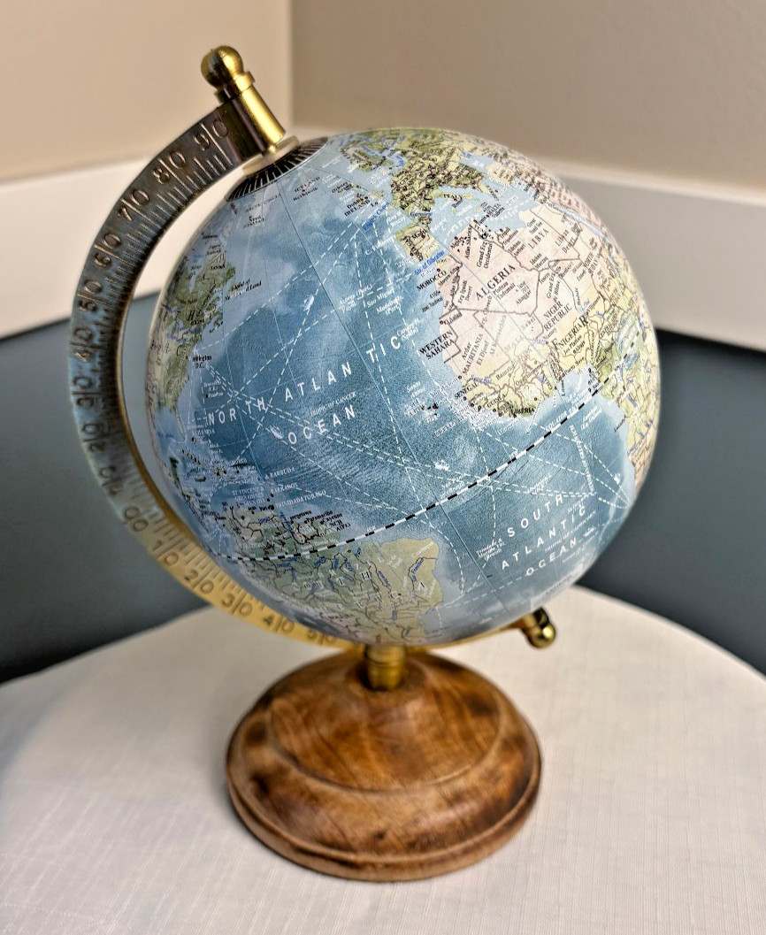 Tabletop 8.25 inch Tall World Globe on Wooden Base – Tilt w/ World Time Caps