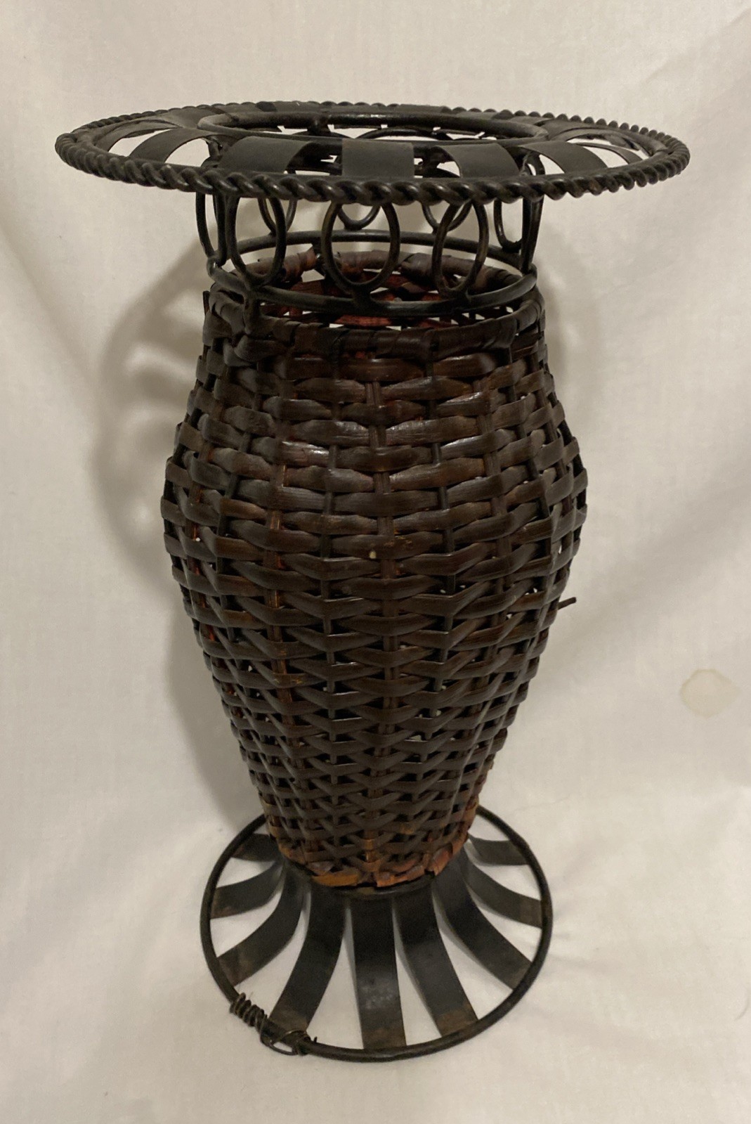 Vintage Rattan & Metal Vase Scroll Work on Top & Base 12 Inches