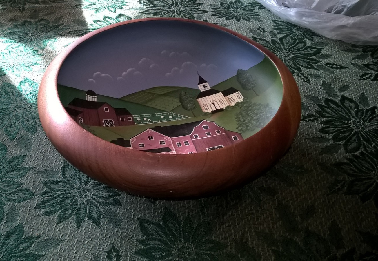 Vintage 101/2 In Hand Painted Folk Art Wood Bowl Farm Scene Sheep Barn Church