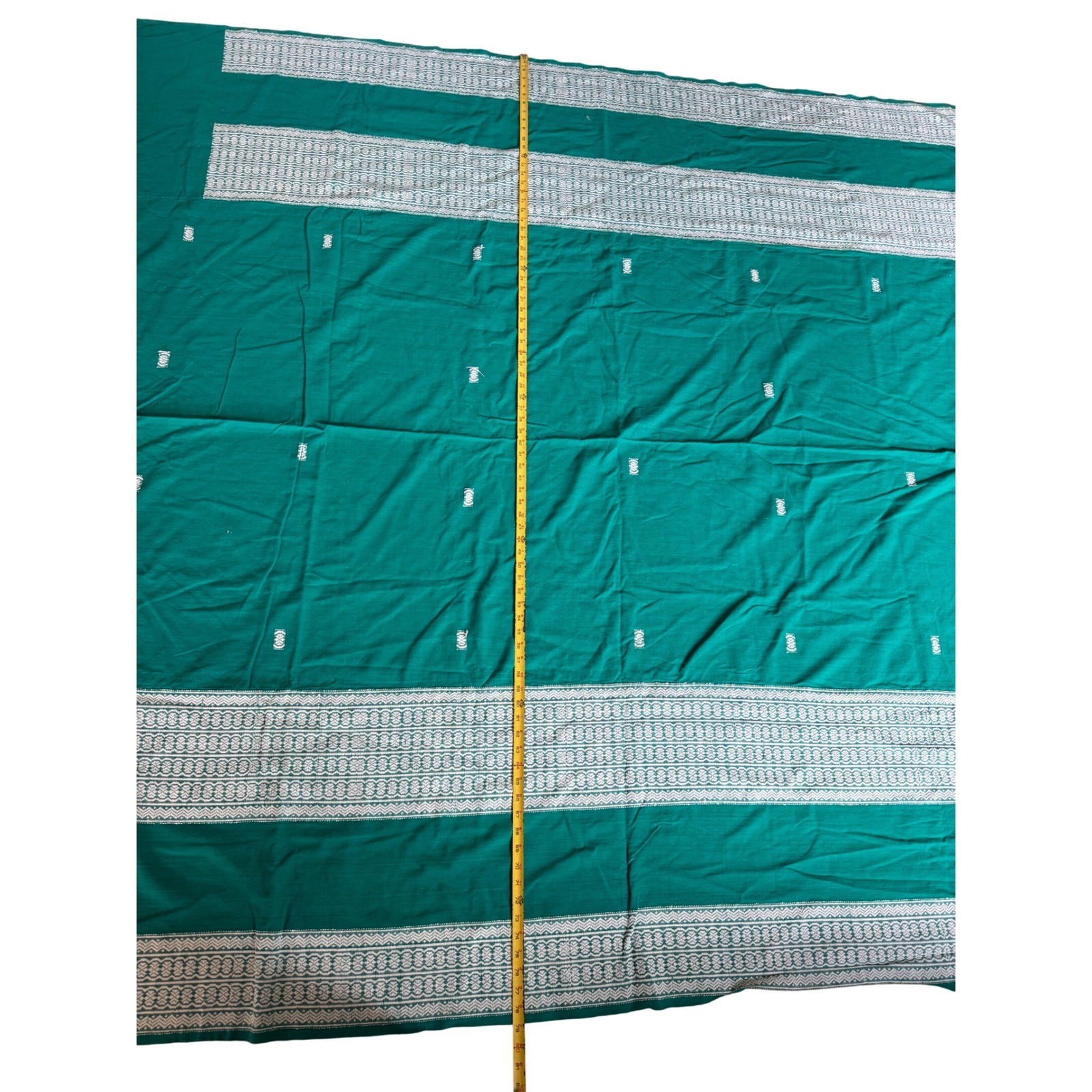 Vintage Handwoven Teal Green Cotton Textile Brocade Geometric Pattern 87×79