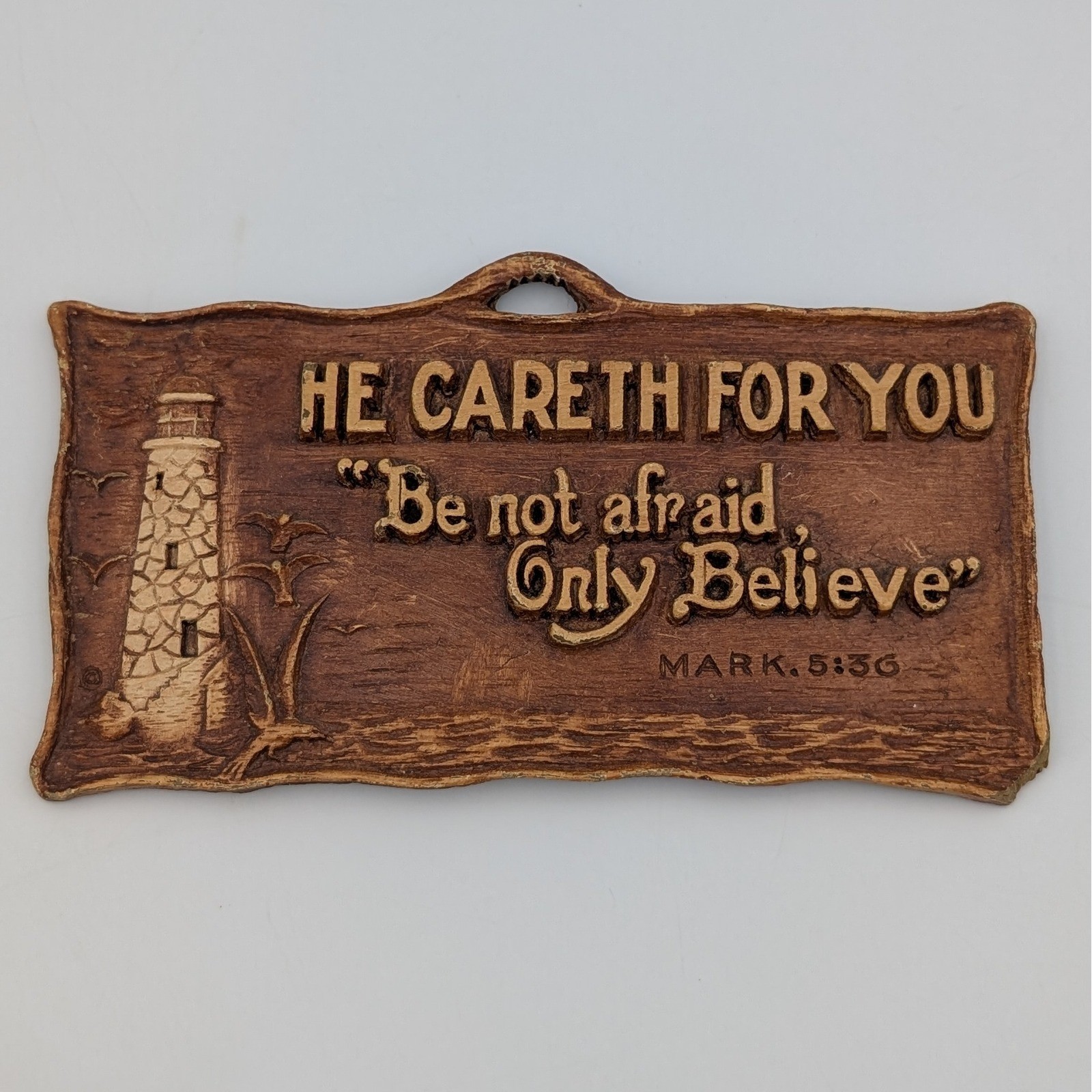 Lighthouse Religious Wall Plaque Mark 5:36 Scripture He Careth For You Sign