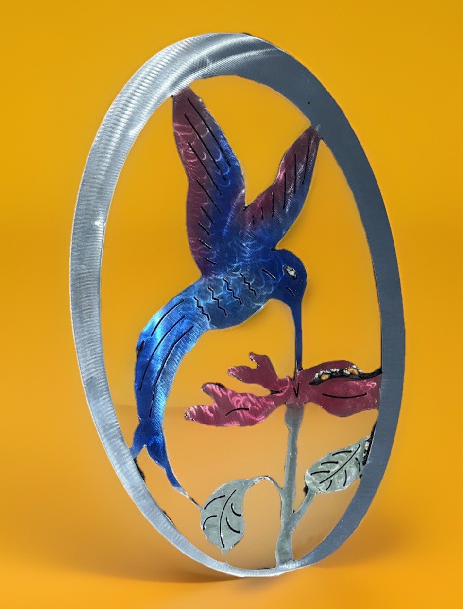 Wall Mounted Iridescent Metal Flat Sculpture Hummingbird w/Flower 22”X13.5” NEW