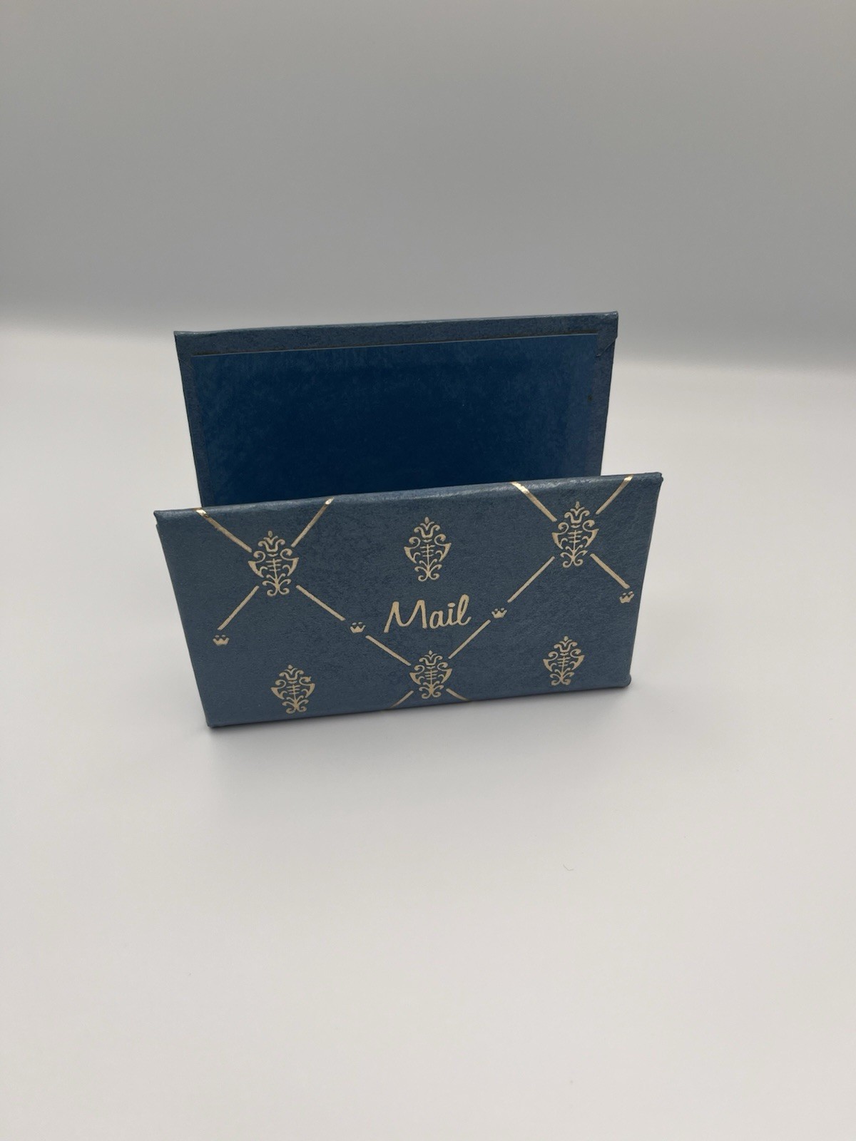 Vintage Desktop Mail Holder-Blue Faux Leather With Gold Pattern-Letter Sorter