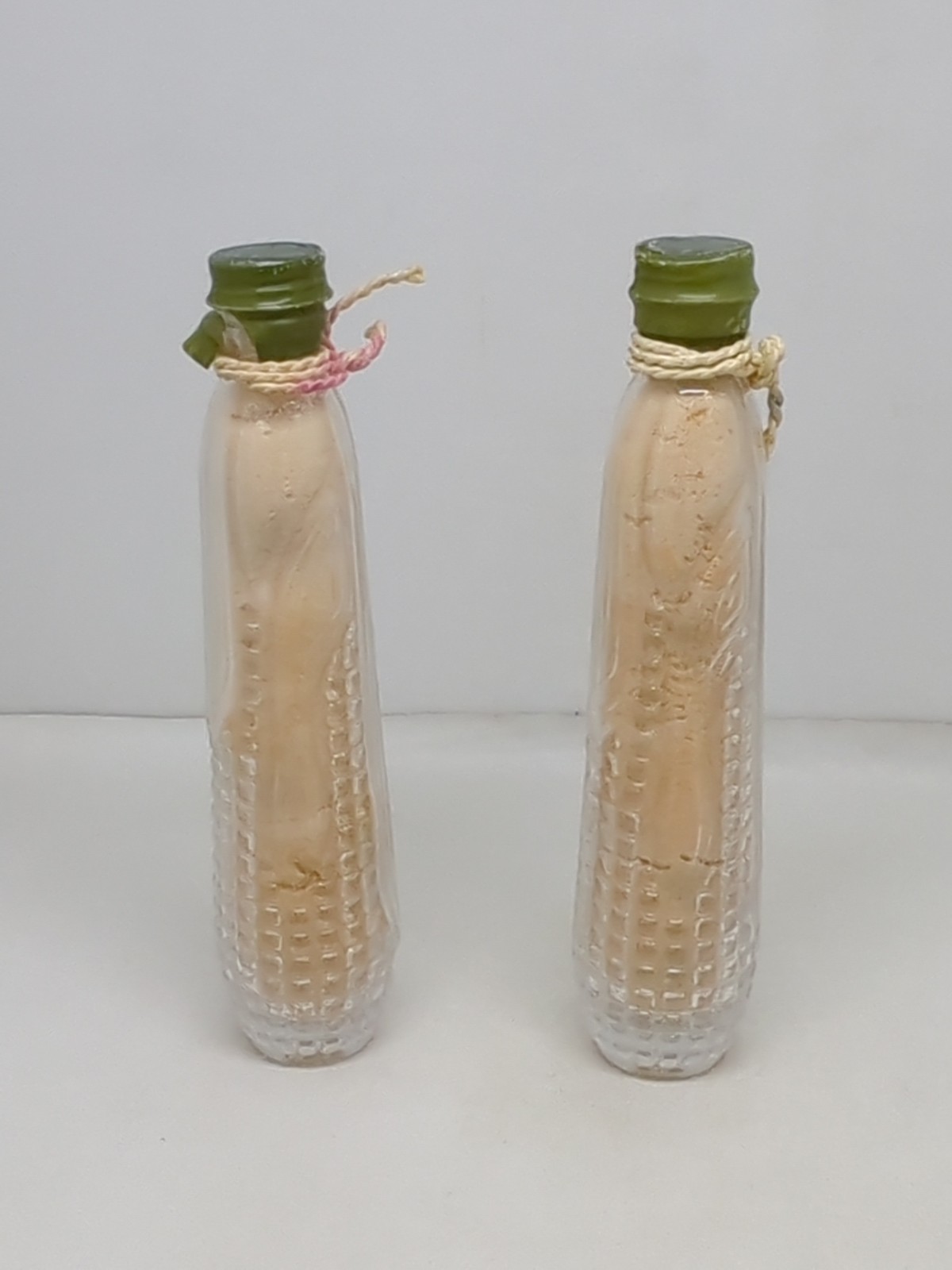 2 Clear Glass Ear Of Corn Shaped Bottle Embossed Texture 7.5” Tall Sealed