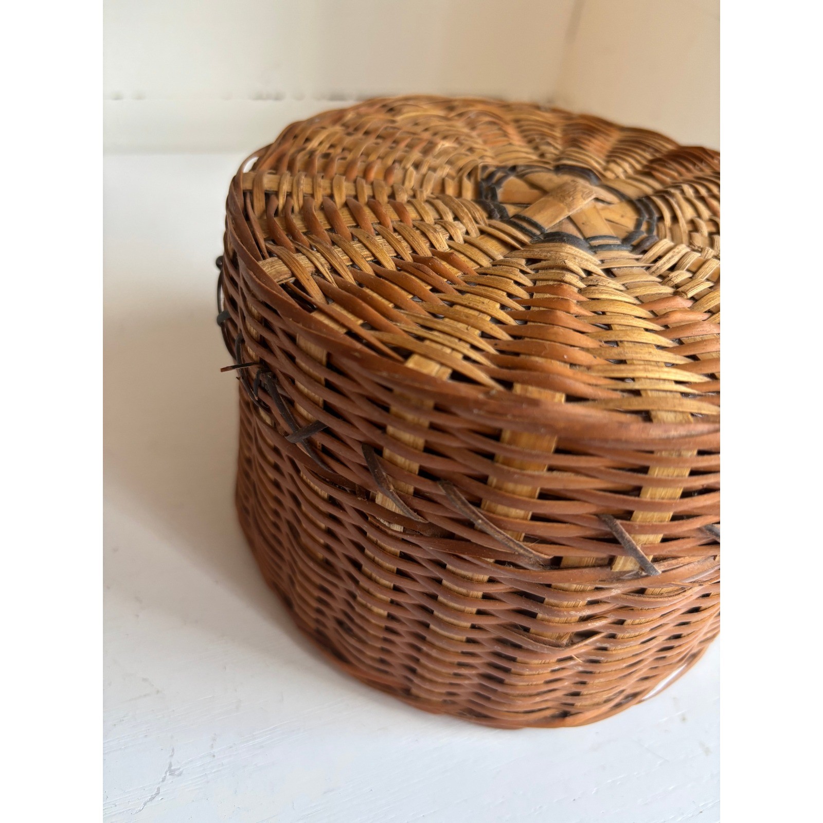 Woven Basket Round Brown Wood Lidded Boho Decorative Storage