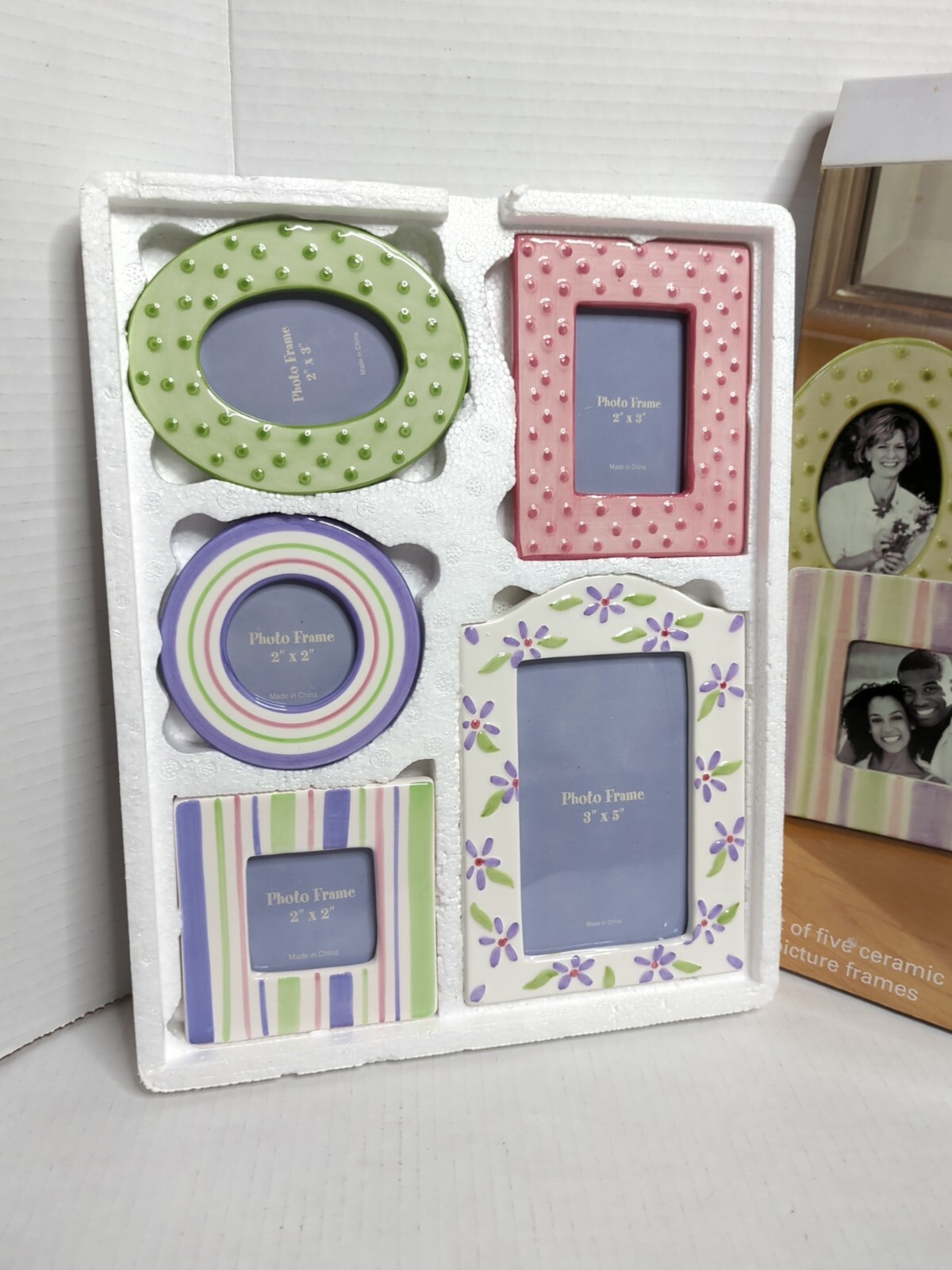 NEW Set Of 5 Ceramic Picture Frames Set Pink Purple Green Floral Polka-dot