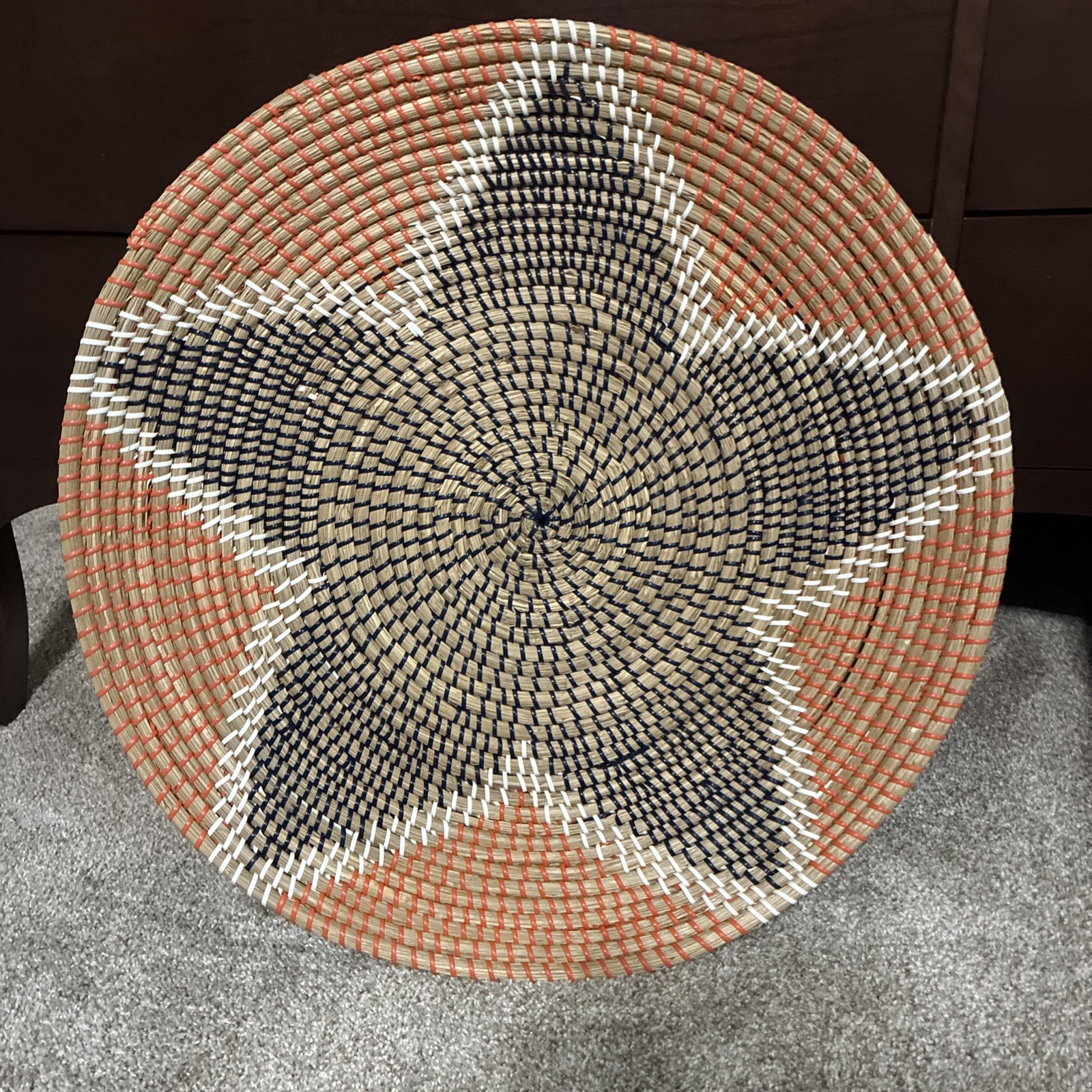 NWT Hand Woven Wall Basket Decor 18.5&Prime; Floral Design Orange /Blue /White