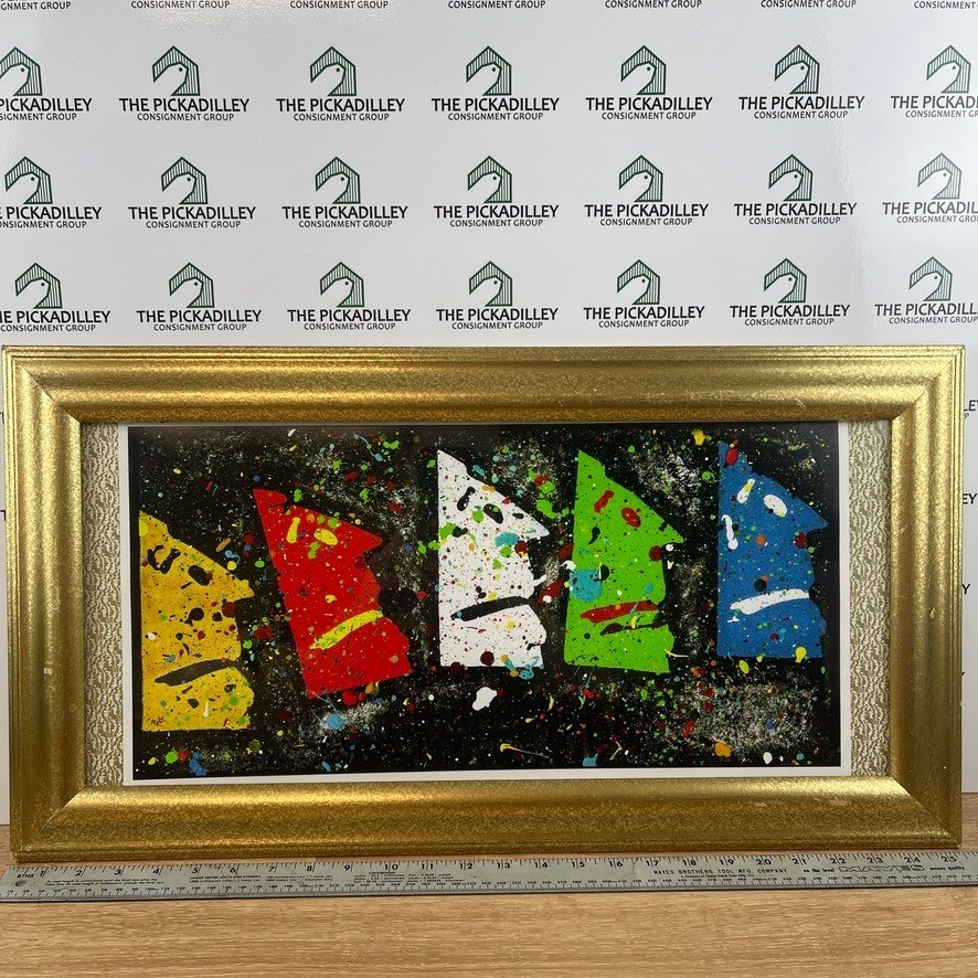 Pop Art Abstract Faces Splatter Paint Print Gold Framed Wall Decor 25×12.5in
