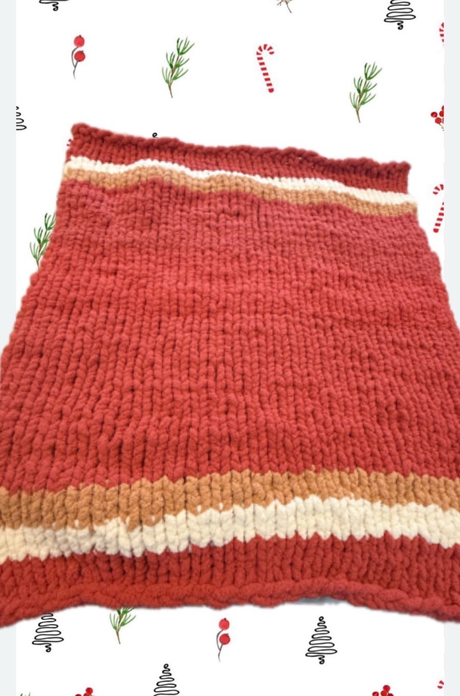 handmade Chunky Knit Blanket Red White And Tan! Perfect For Home Decor Or A Gift