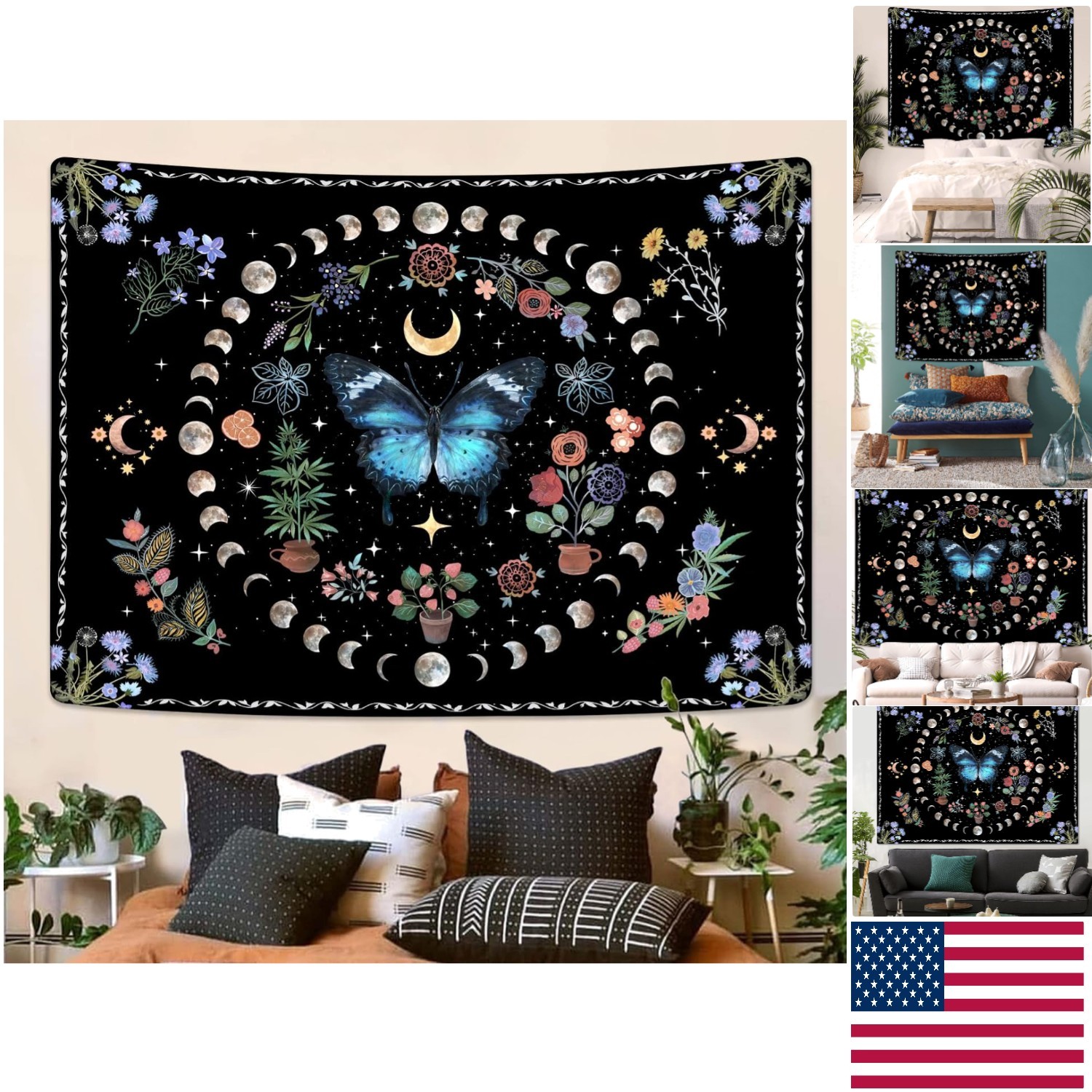 Unique Boho Butterfly Tapestry – Stunning Floral Design, 48 » x 36 », Easy Care