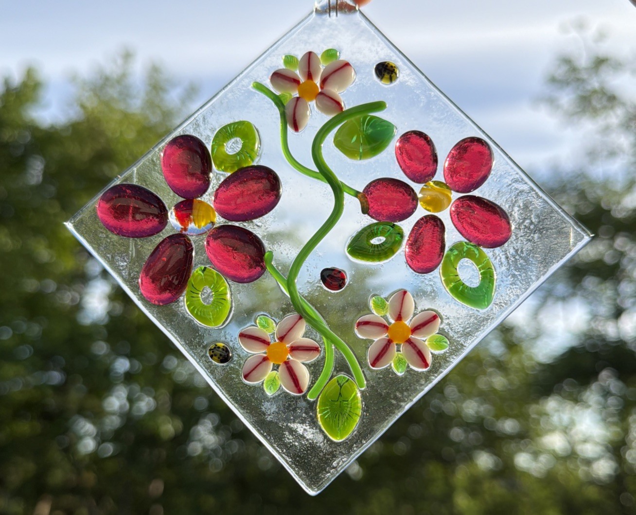 Fused Glass Handmade Diamond Shaped Multicolored Sun Catcher Signed By Artist
