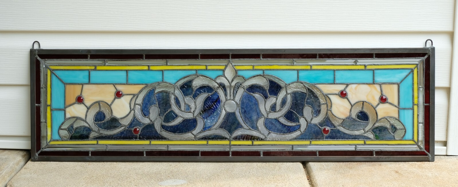 36.25&Prime;W x 10.25&Prime;H Handcrafted Jeweled beveled stained glass window panel.