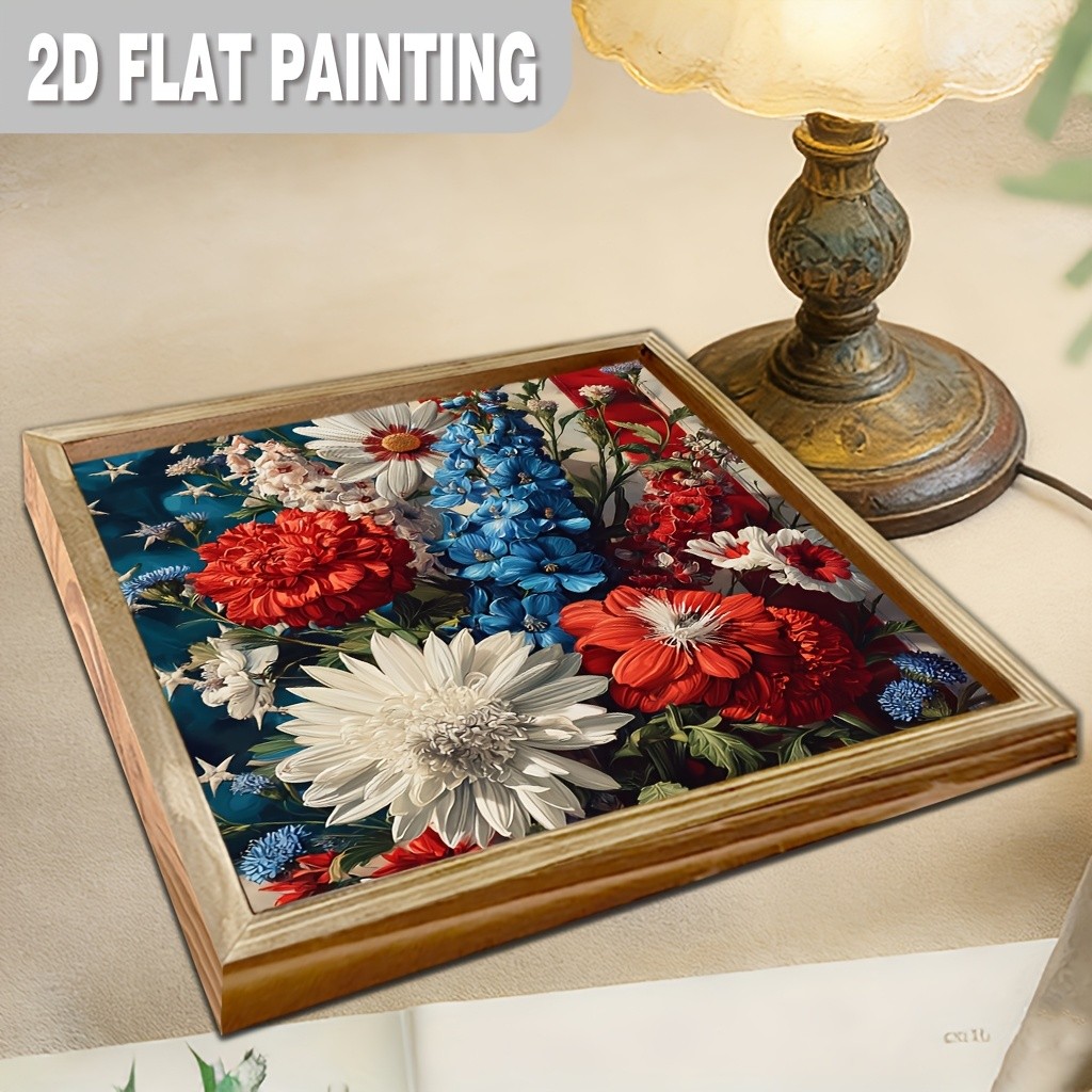 Patriotic USA Floral Flag Wooden Plaque 4th Of July Red White Blue Home Decor