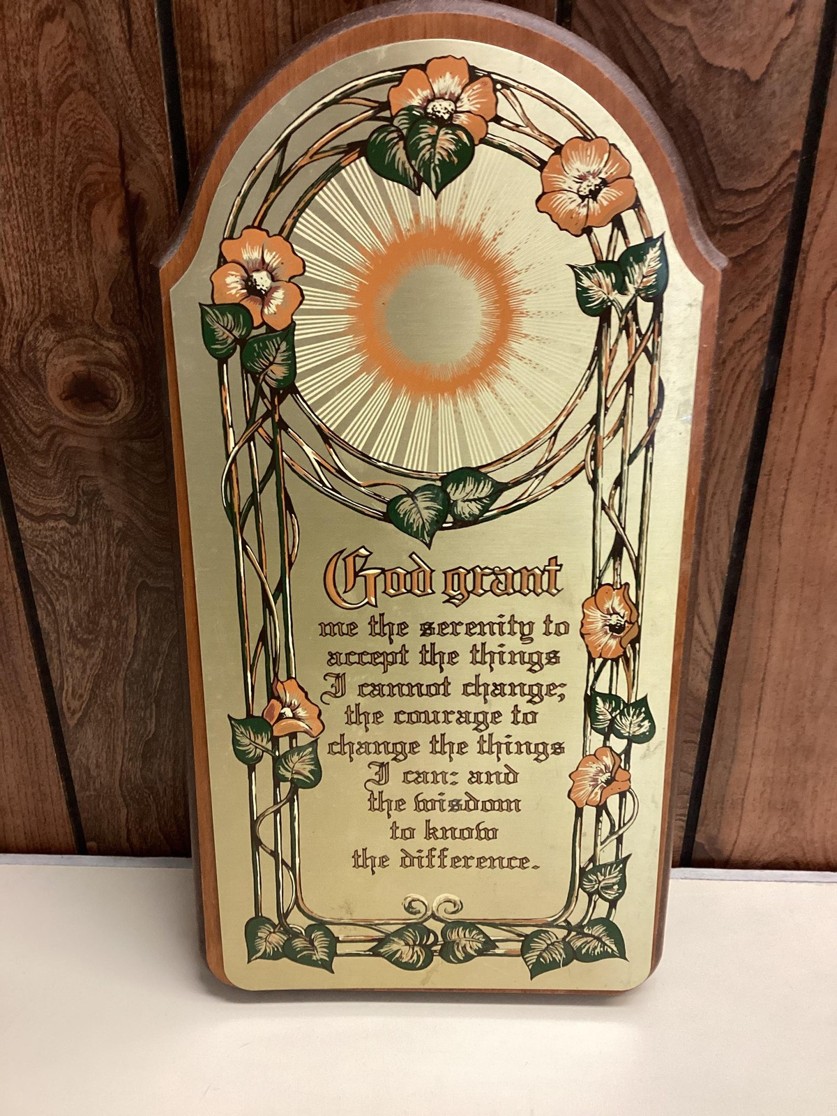 Vintage Serenity Prayer Wall Plaque Gold Arch Floral Metal Wood Christian Decor
