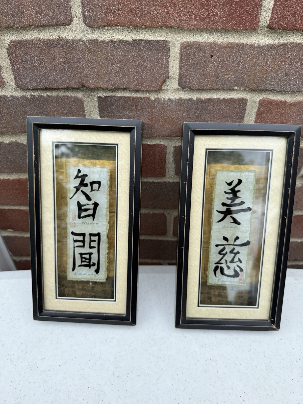 Set 2 Chinese Wall Art Framed & Matted Shadow Box Beauty and Kindness Wisdom