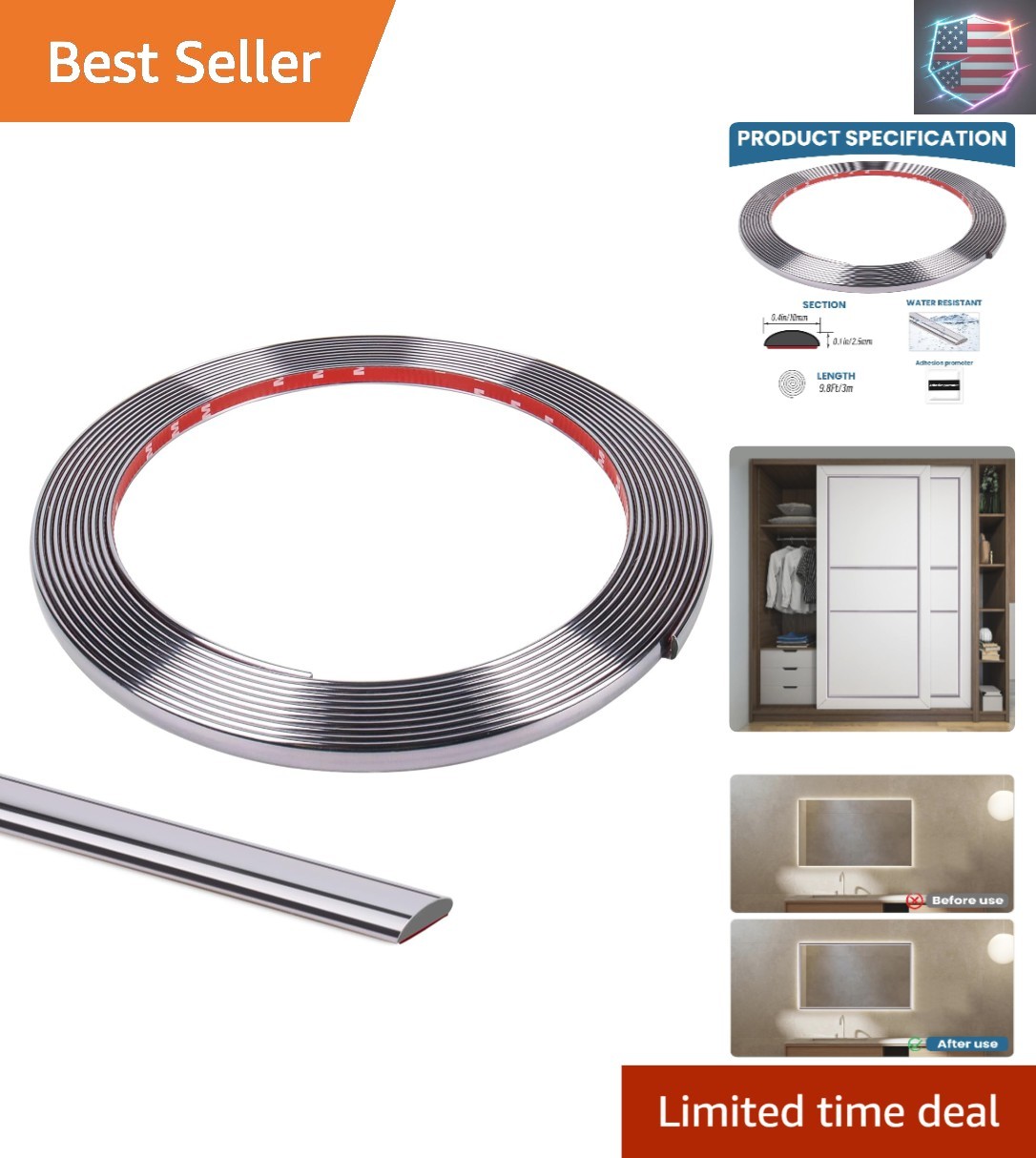 Flexible Wall Molding Trim Self Adhesive Mirror Tape Border 0.4 * 0.1in Peel …