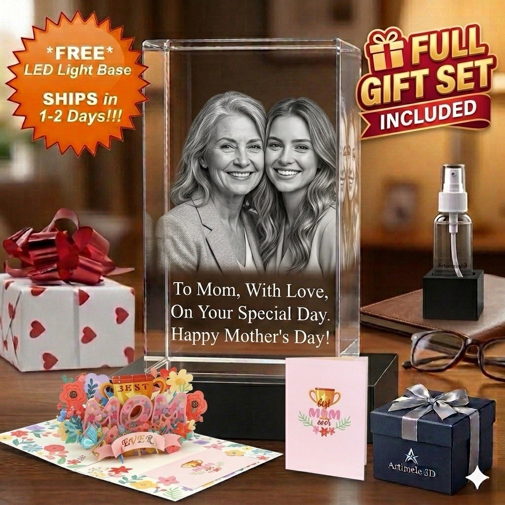 Premium 3D Crystal Photo Gift Personalized w/ FREE LED Base for Mom