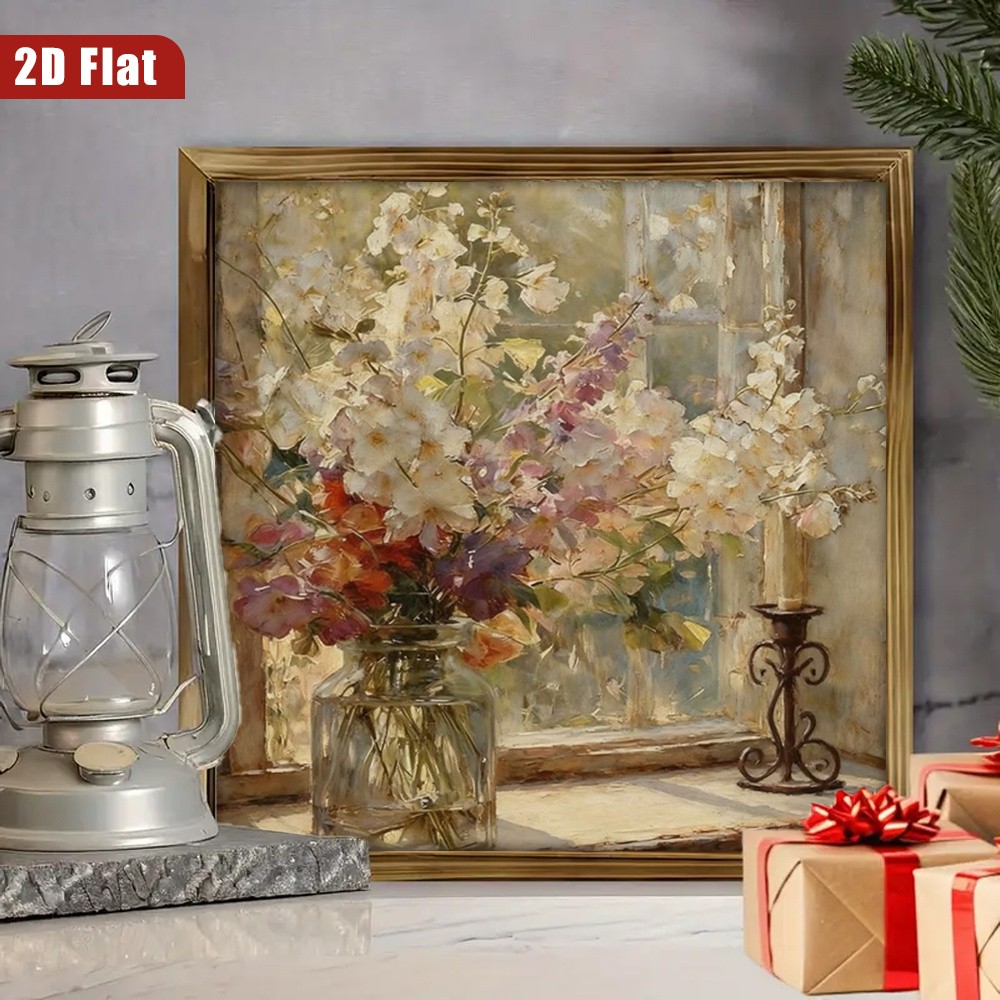 Subtle Warm Window Bloom Oil Painting Wooden Sign Minimal Tabletop Plaque