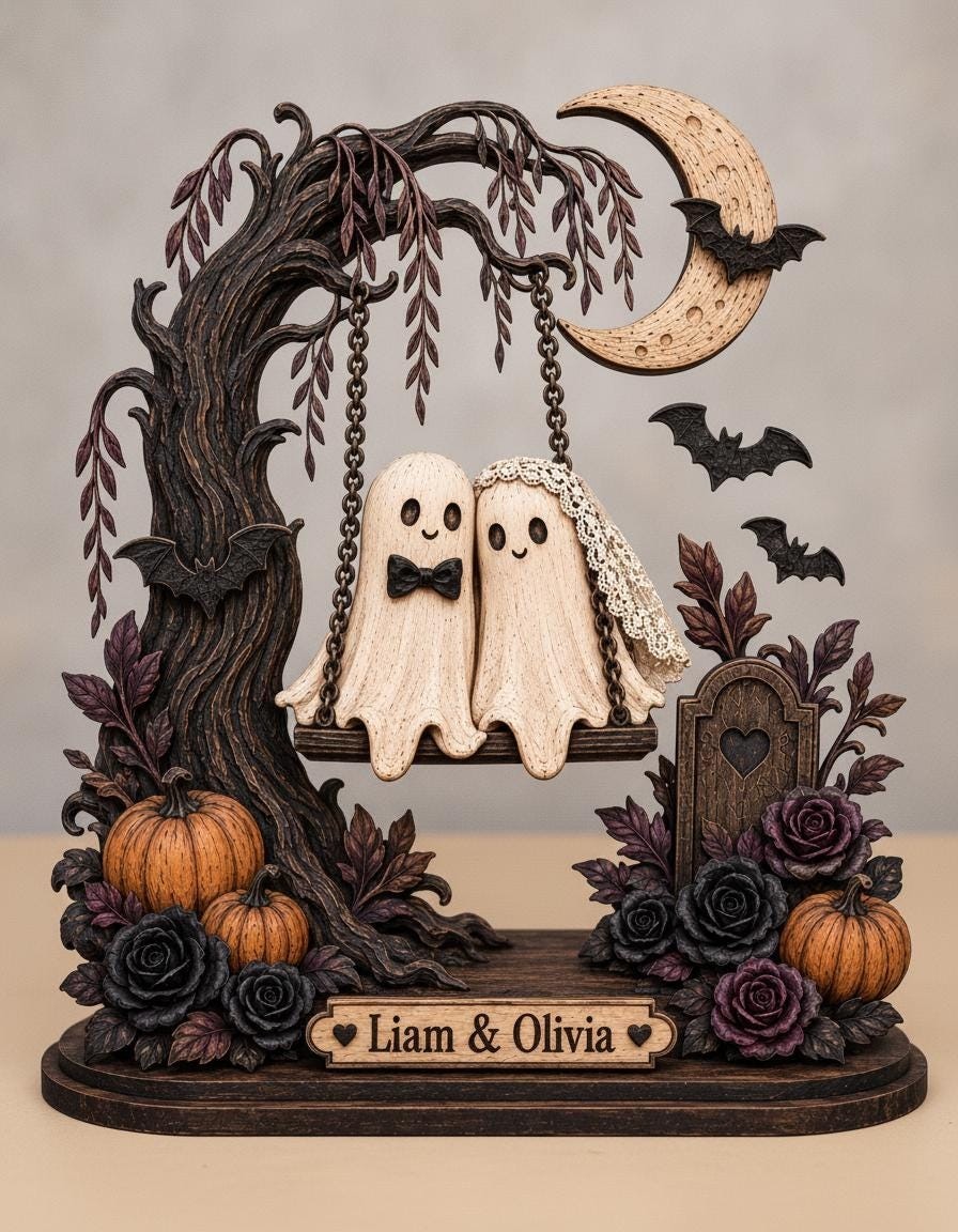 Personalized Halloween Ghost Couple Wooden Table Block, Custom Gothic Wedding