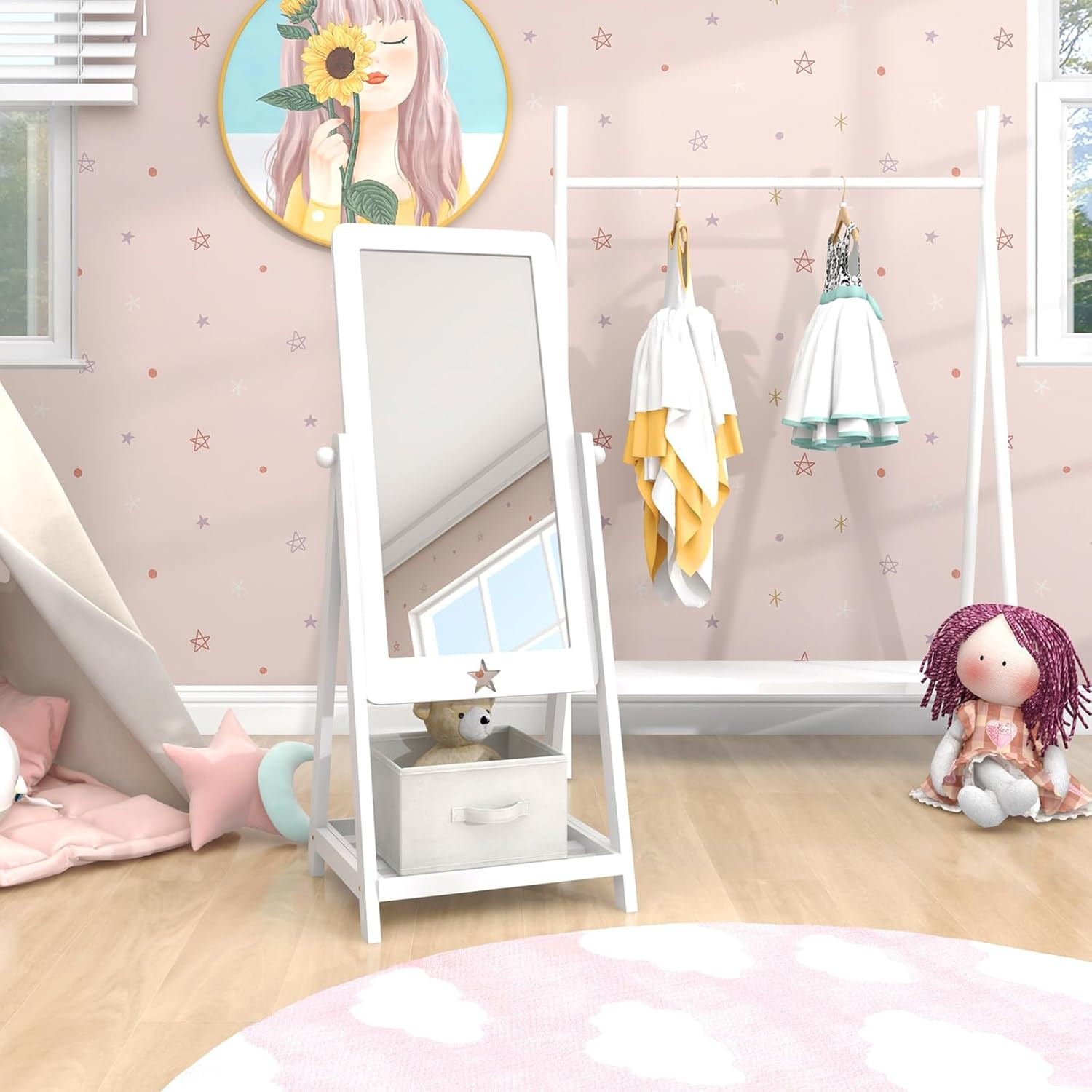 Adjustable Freestanding Kids Mirror with Storage Box for Shoes & Accessories